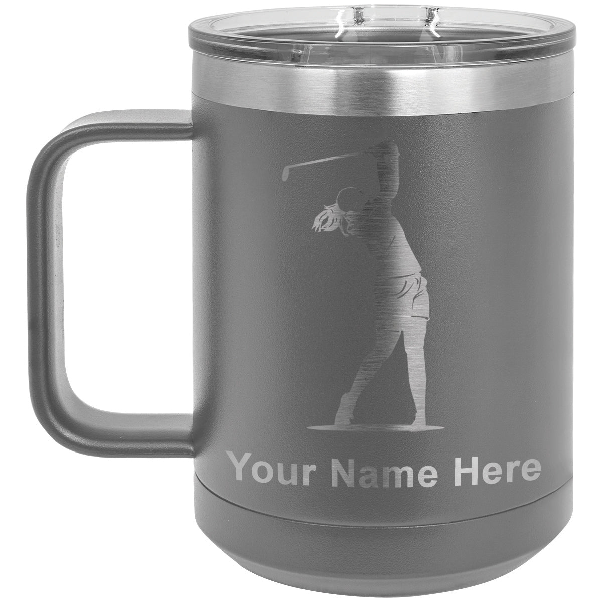 15oz Vacuum Insulated Coffee Mug, Golfer Woman, Personalized Engraving Included