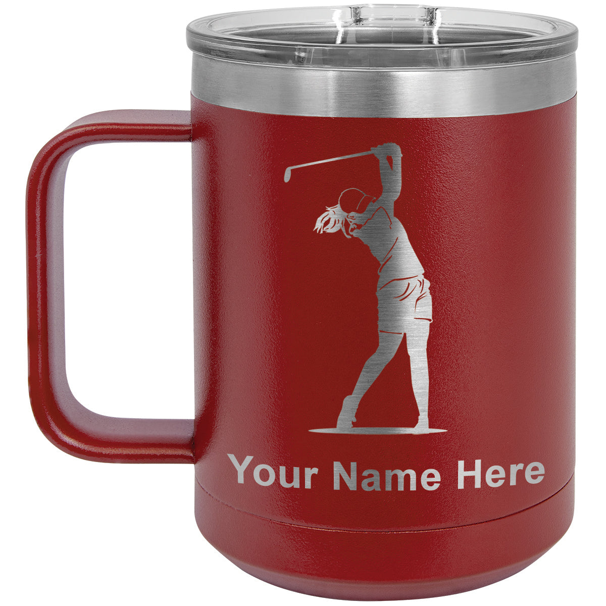 15oz Vacuum Insulated Coffee Mug, Golfer Woman, Personalized Engraving Included