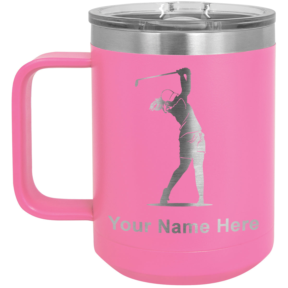 15oz Vacuum Insulated Coffee Mug, Golfer Woman, Personalized Engraving Included