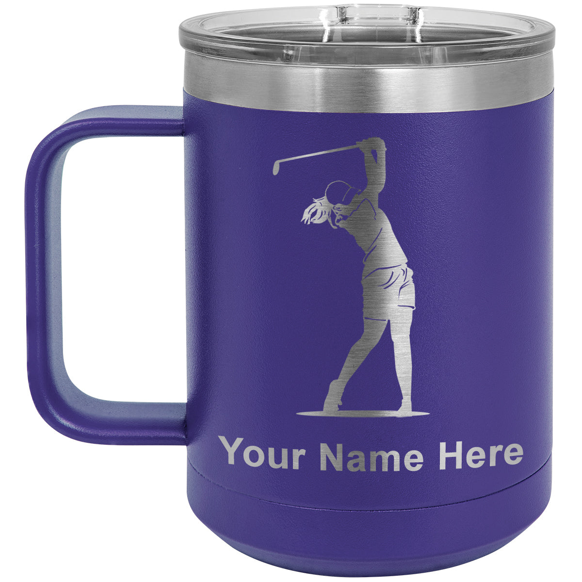 15oz Vacuum Insulated Coffee Mug, Golfer Woman, Personalized Engraving Included