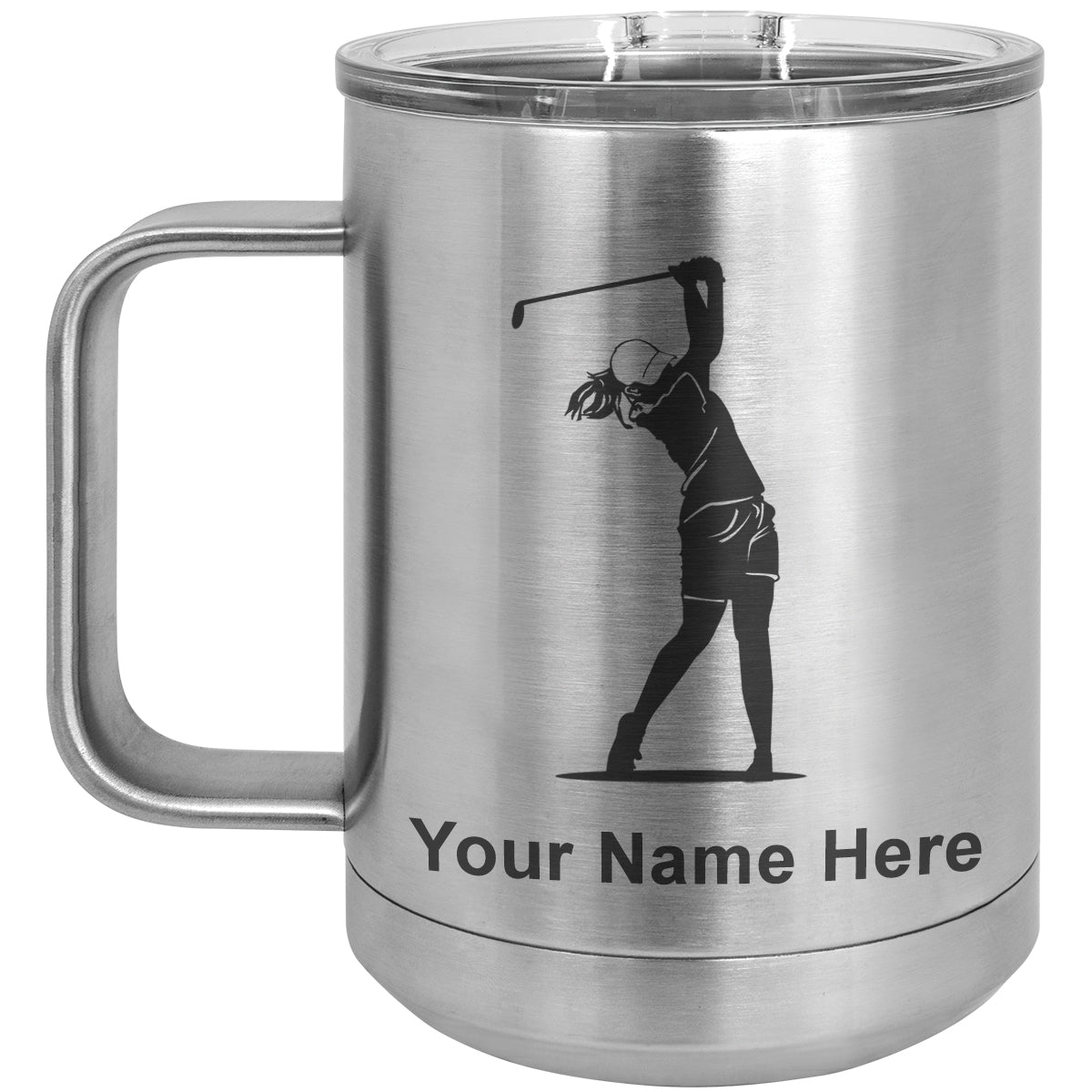 15oz Vacuum Insulated Coffee Mug, Golfer Woman, Personalized Engraving Included