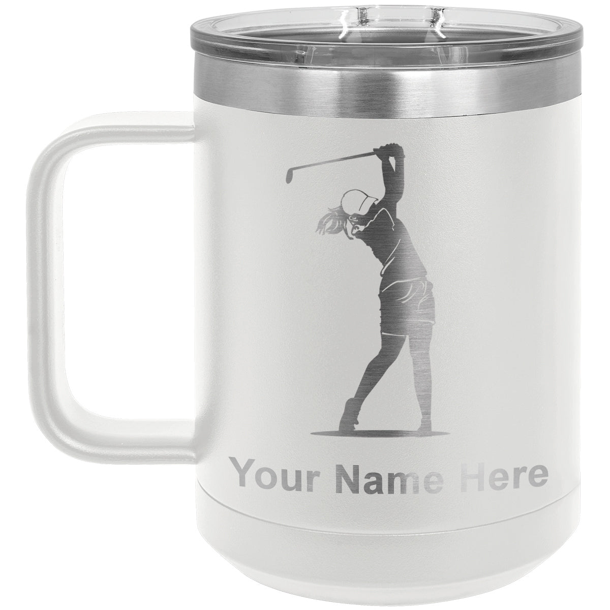 15oz Vacuum Insulated Coffee Mug, Golfer Woman, Personalized Engraving Included