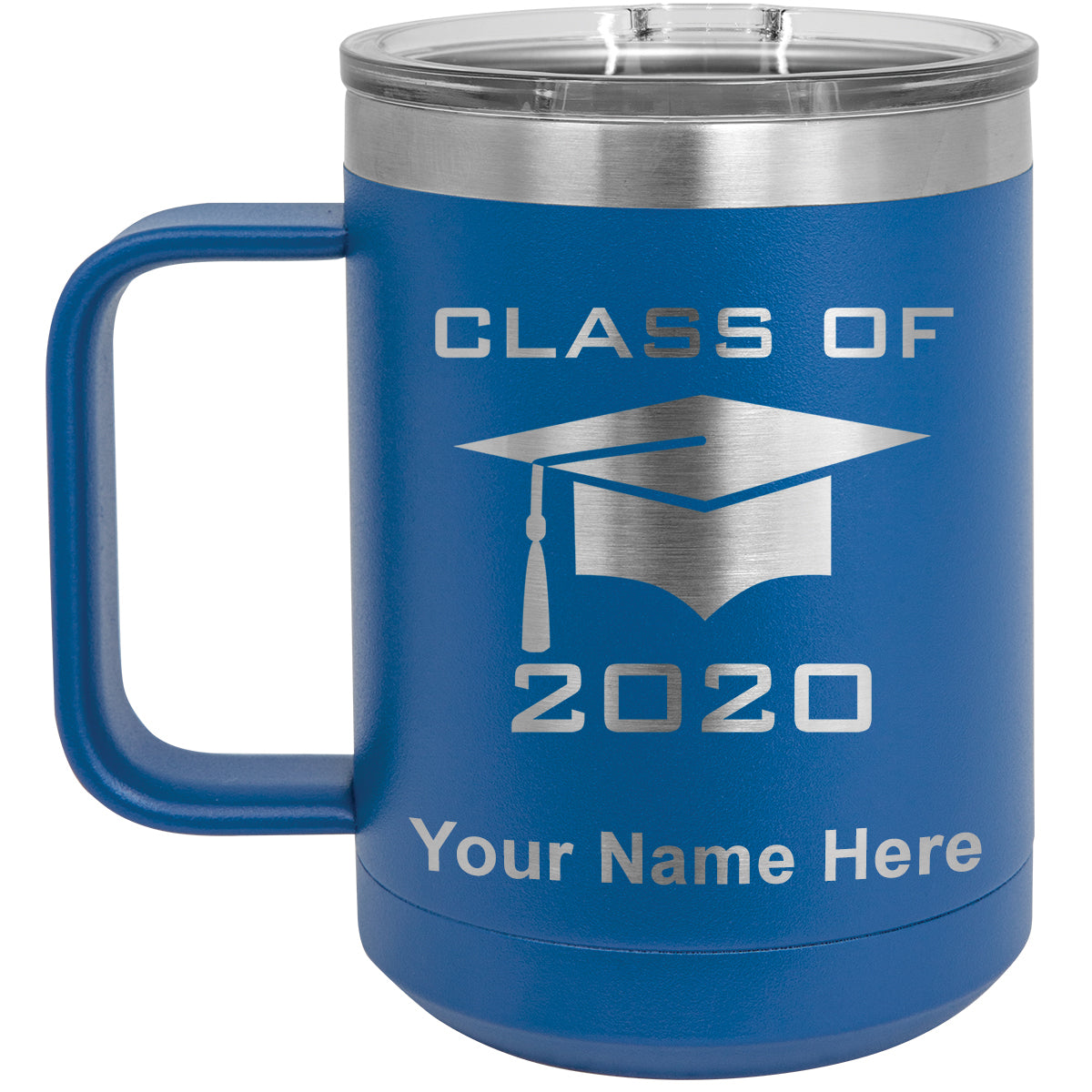 15oz Vacuum Insulated Coffee Mug, Grad Cap Class of 2020, 2021, 2022, 2023 2024, 2025, Personalized Engraving Included