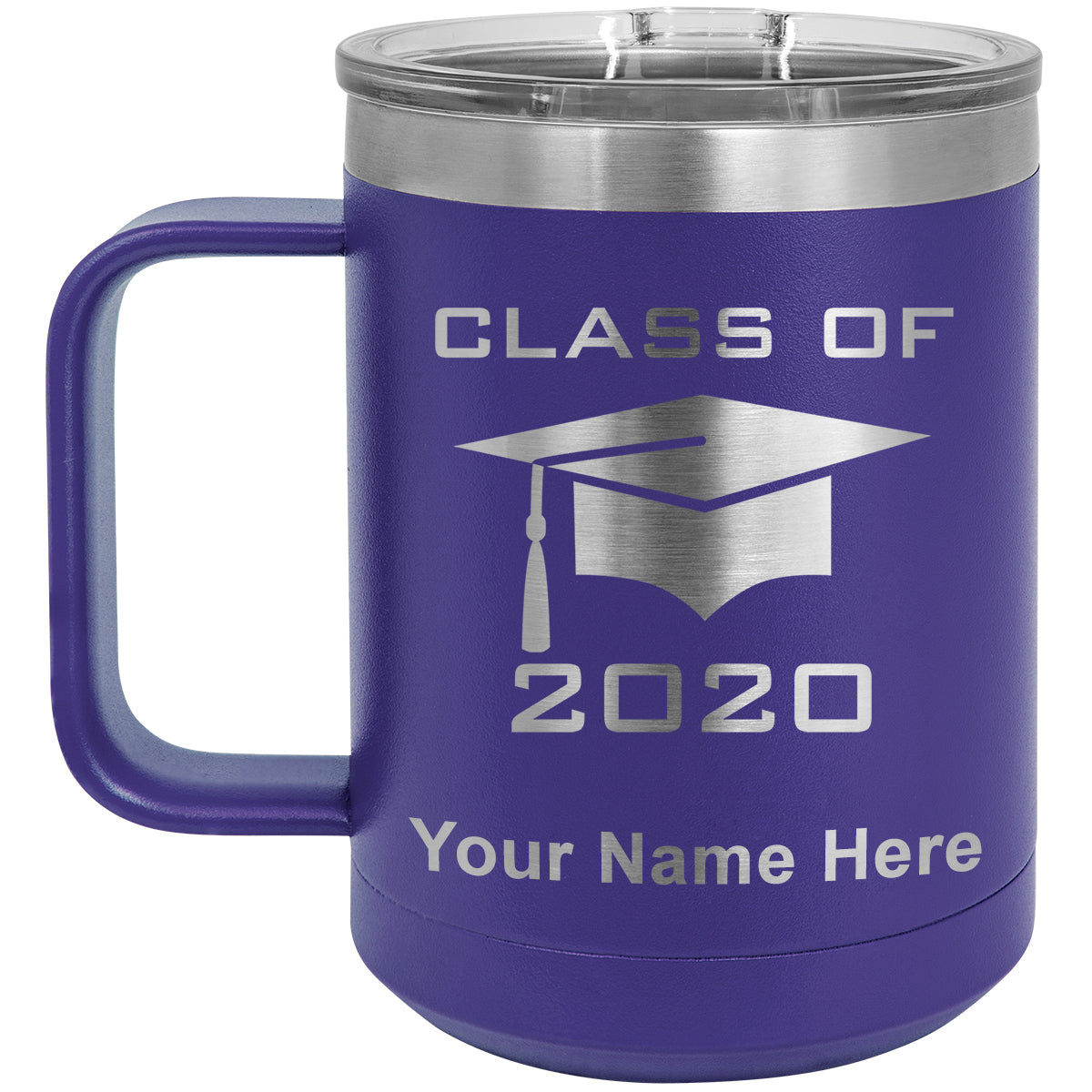 15oz Vacuum Insulated Coffee Mug, Grad Cap Class of 2020, 2021, 2022, 2023 2024, 2025, Personalized Engraving Included