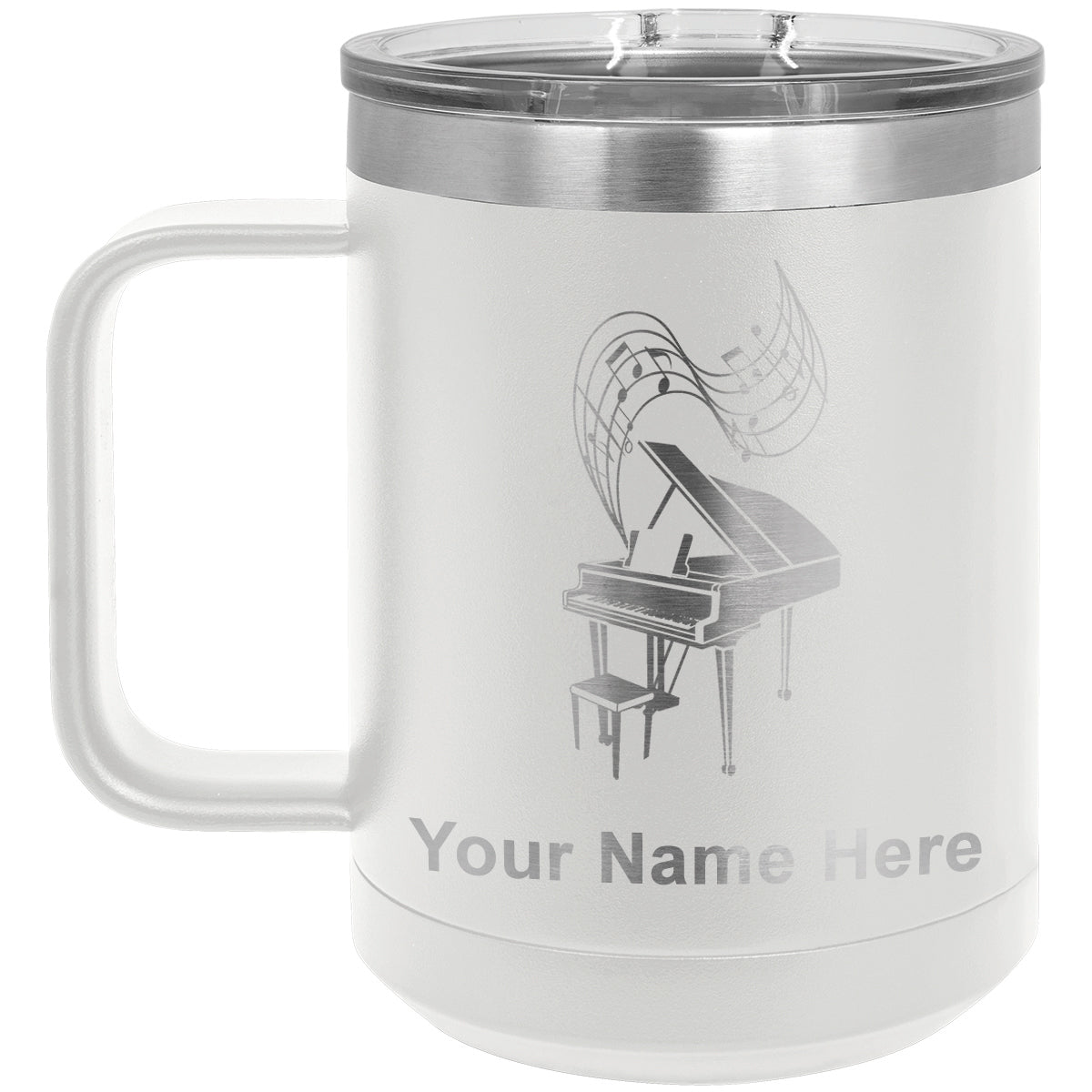 15oz Vacuum Insulated Coffee Mug, Grand Piano, Personalized Engraving Included
