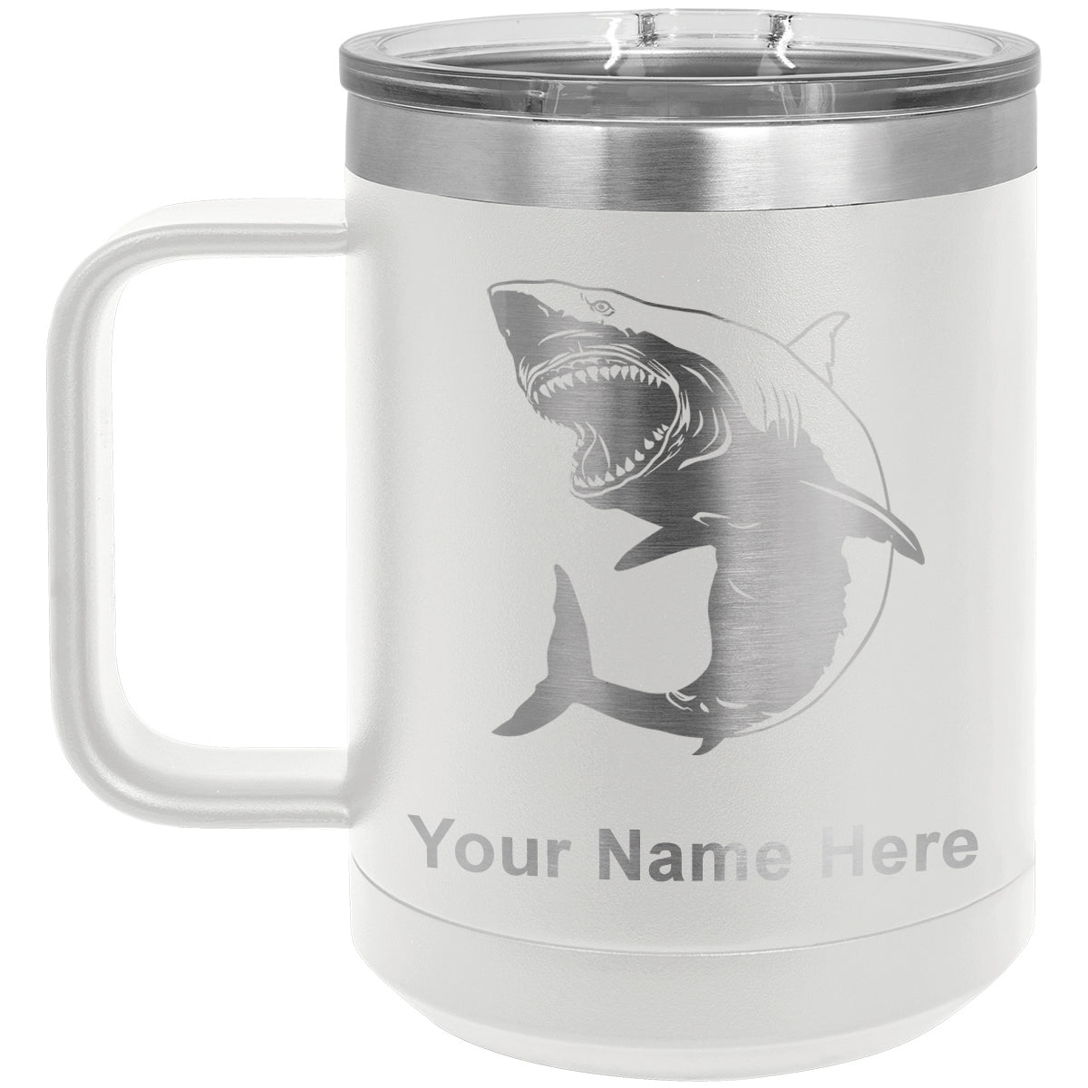 15oz Vacuum Insulated Coffee Mug, Great White Shark, Personalized Engraving Included