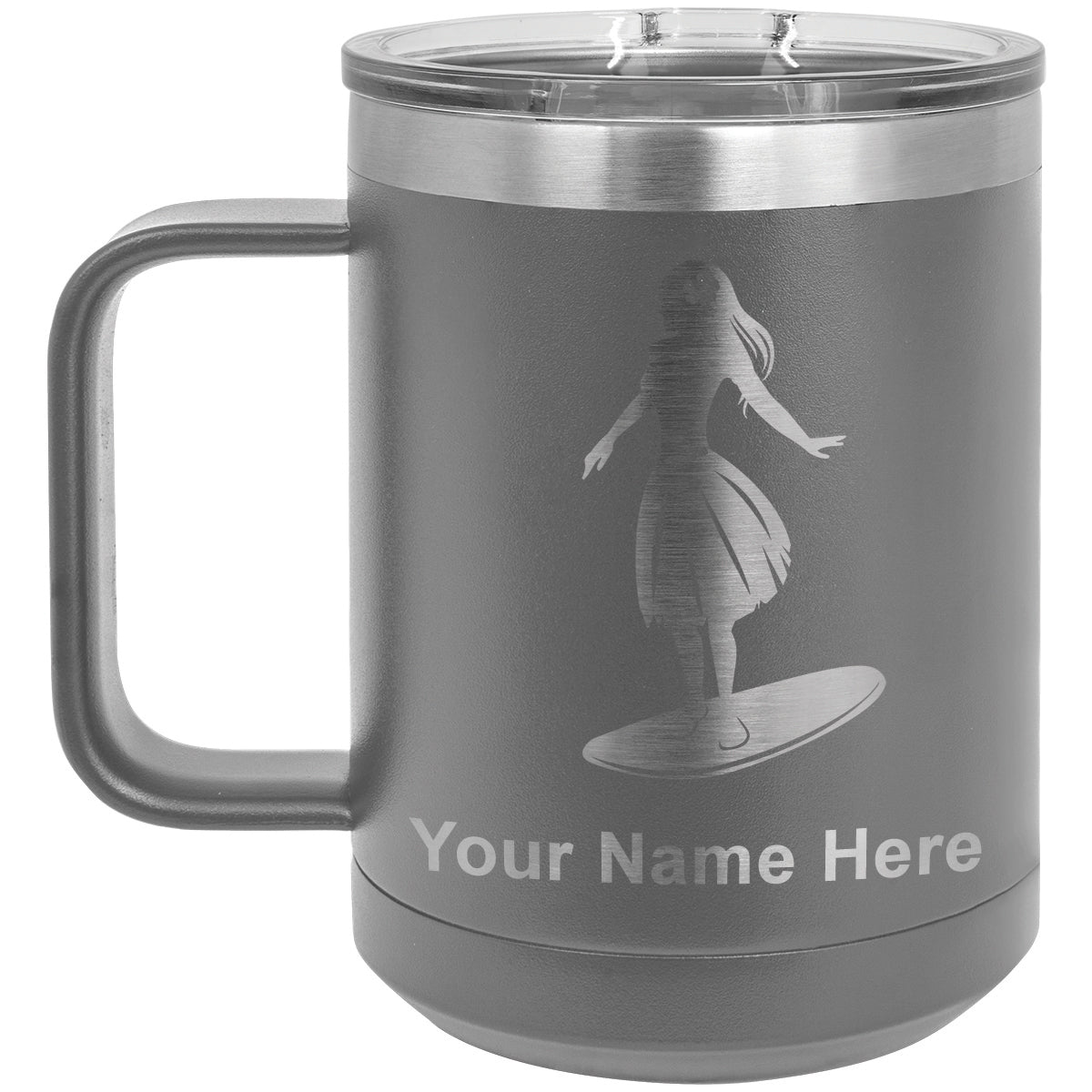 15oz Vacuum Insulated Coffee Mug, Hawaiian Surfer Girl, Personalized Engraving Included