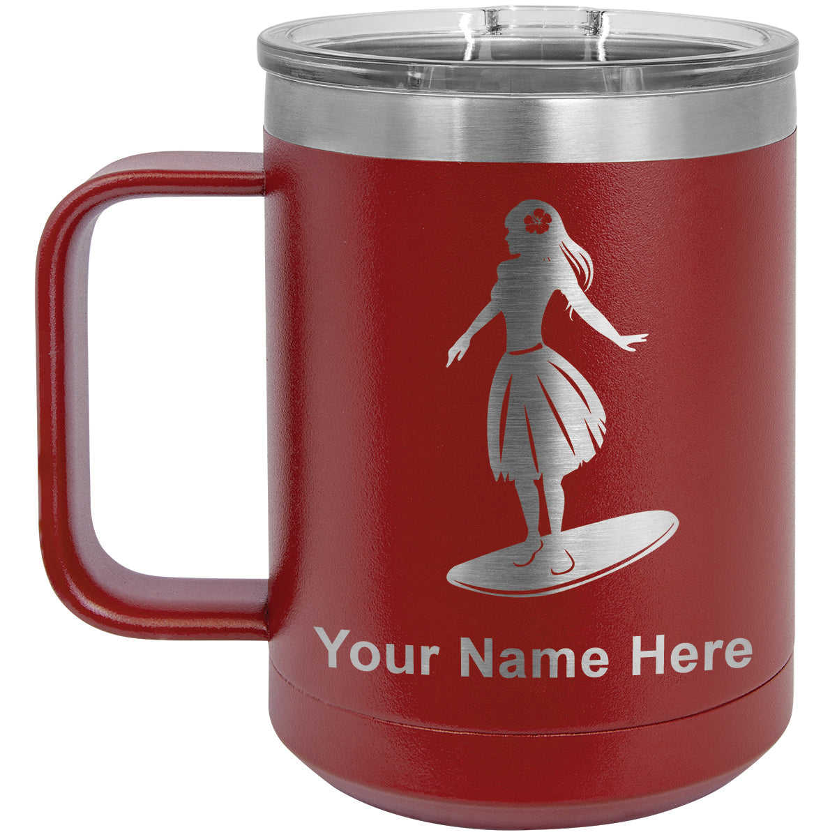 15oz Vacuum Insulated Coffee Mug, Hawaiian Surfer Girl, Personalized Engraving Included
