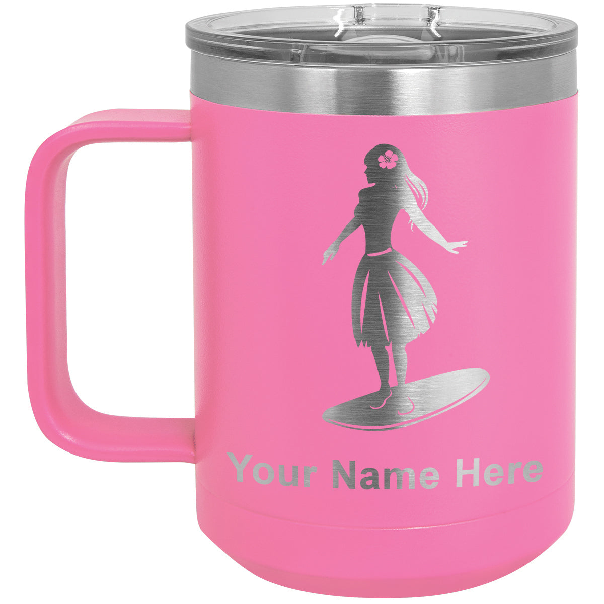 15oz Vacuum Insulated Coffee Mug, Hawaiian Surfer Girl, Personalized Engraving Included