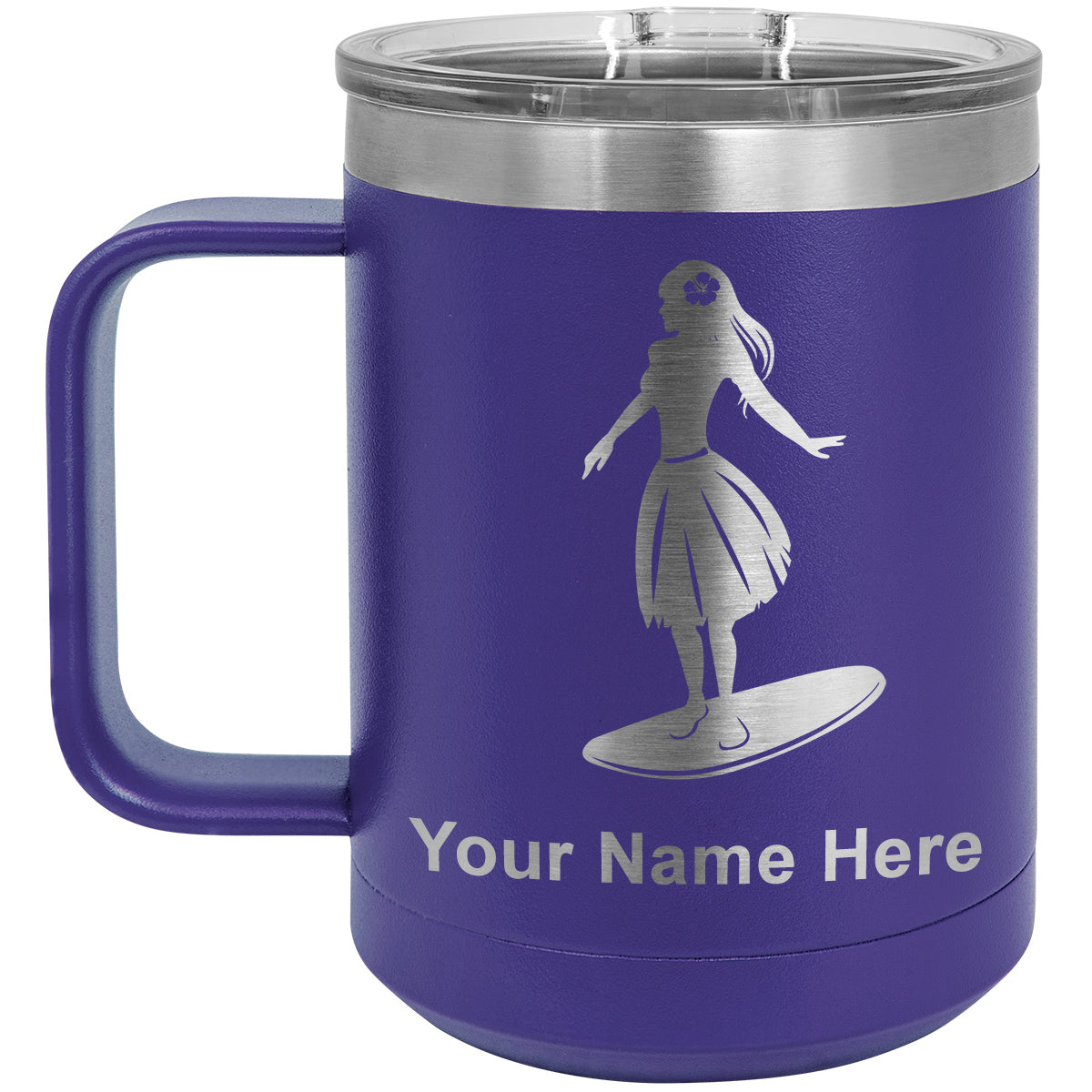 15oz Vacuum Insulated Coffee Mug, Hawaiian Surfer Girl, Personalized Engraving Included