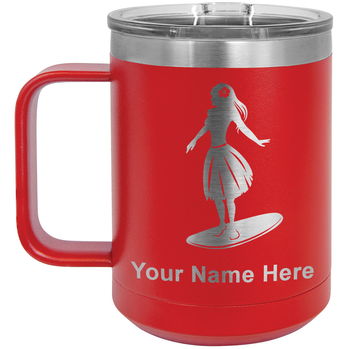 15oz Vacuum Insulated Coffee Mug, Hawaiian Surfer Girl, Personalized Engraving Included