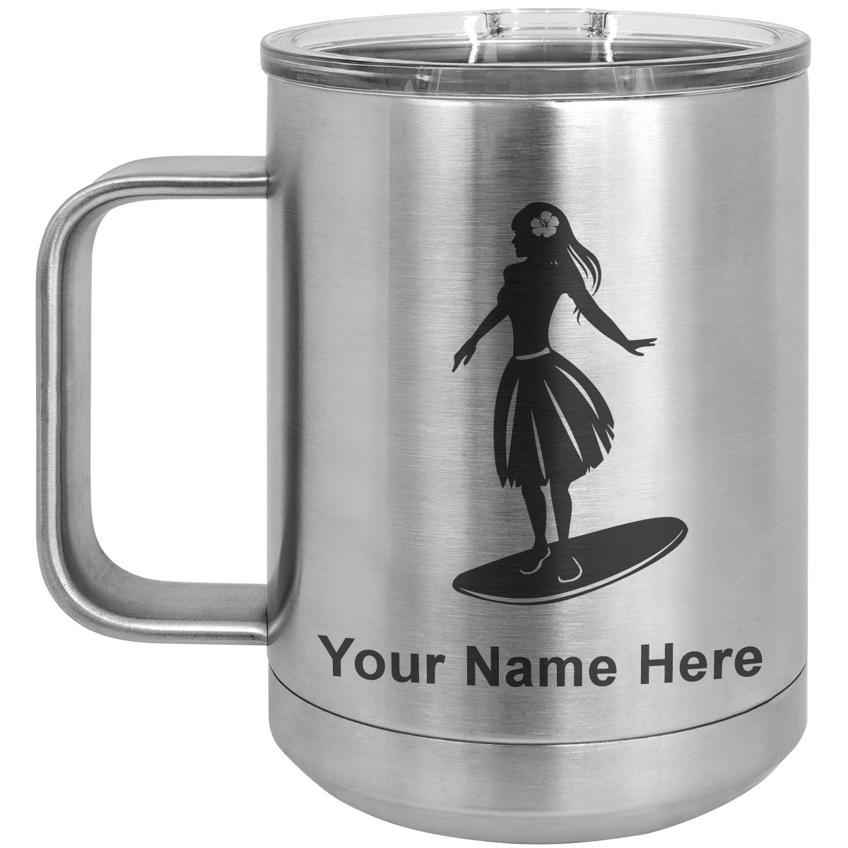 15oz Vacuum Insulated Coffee Mug, Hawaiian Surfer Girl, Personalized Engraving Included