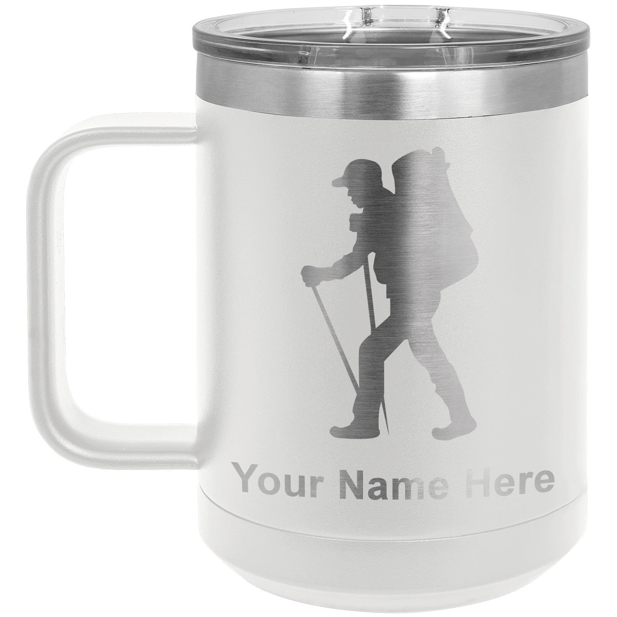 15oz Vacuum Insulated Coffee Mug, Hiker Man, Personalized Engraving Included