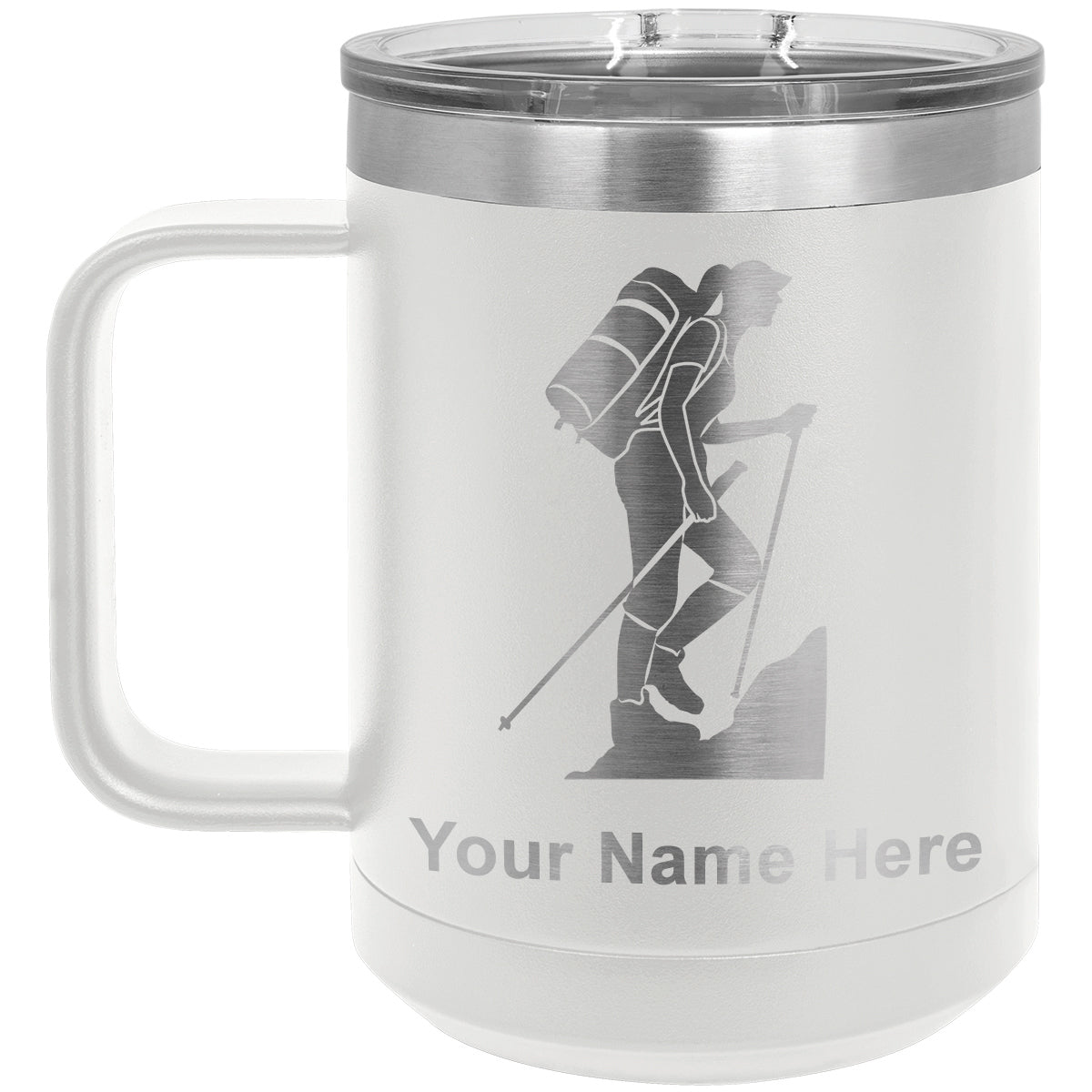 15oz Vacuum Insulated Coffee Mug, Hiker Woman, Personalized Engraving Included