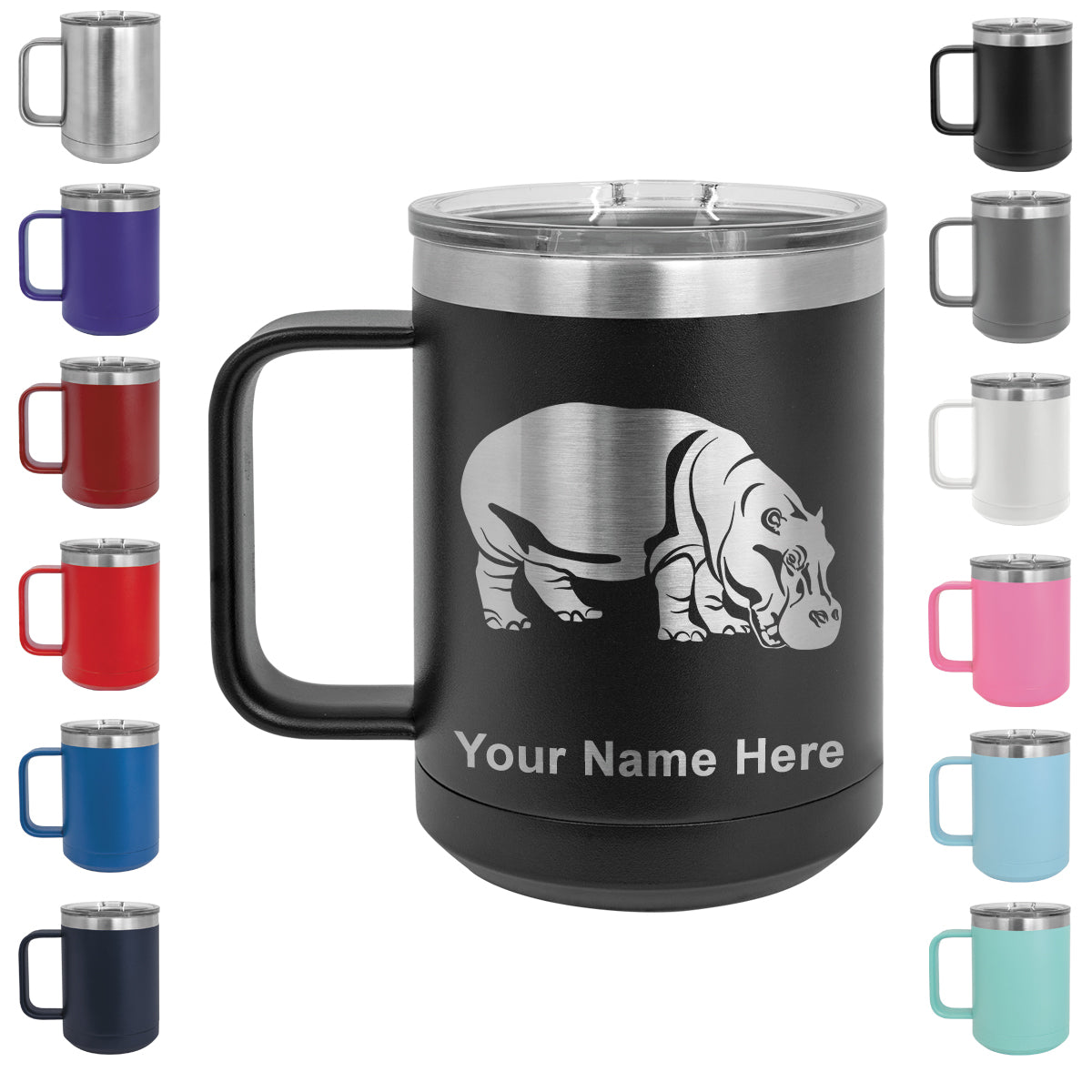 15oz Vacuum Insulated Coffee Mug, Hippopotamus, Personalized Engraving Included