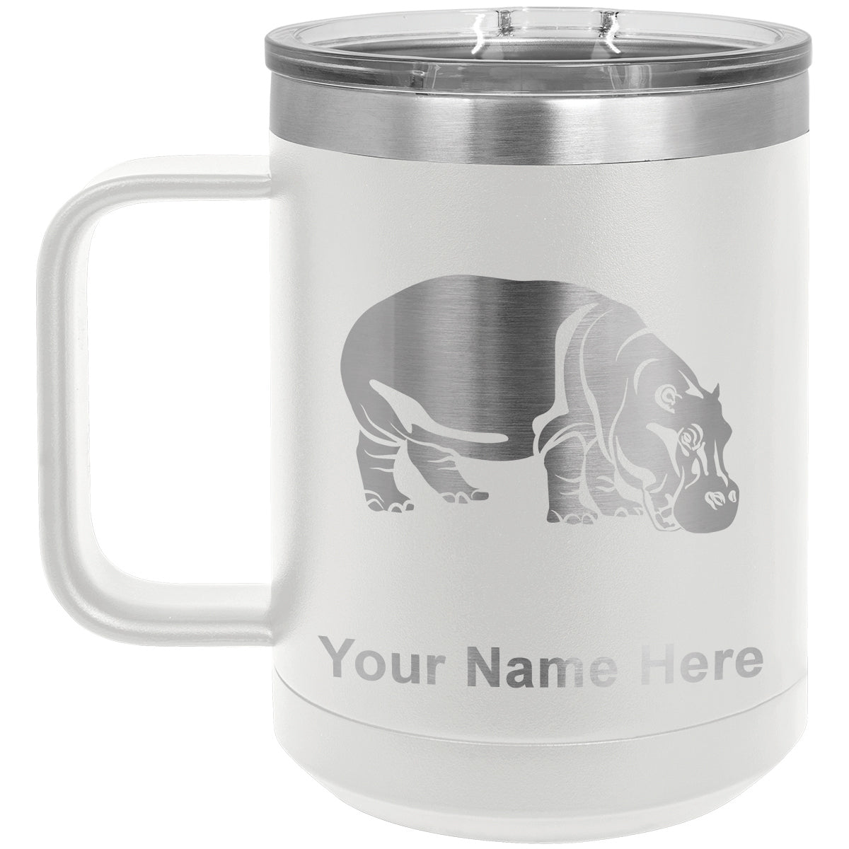 15oz Vacuum Insulated Coffee Mug, Hippopotamus, Personalized Engraving Included