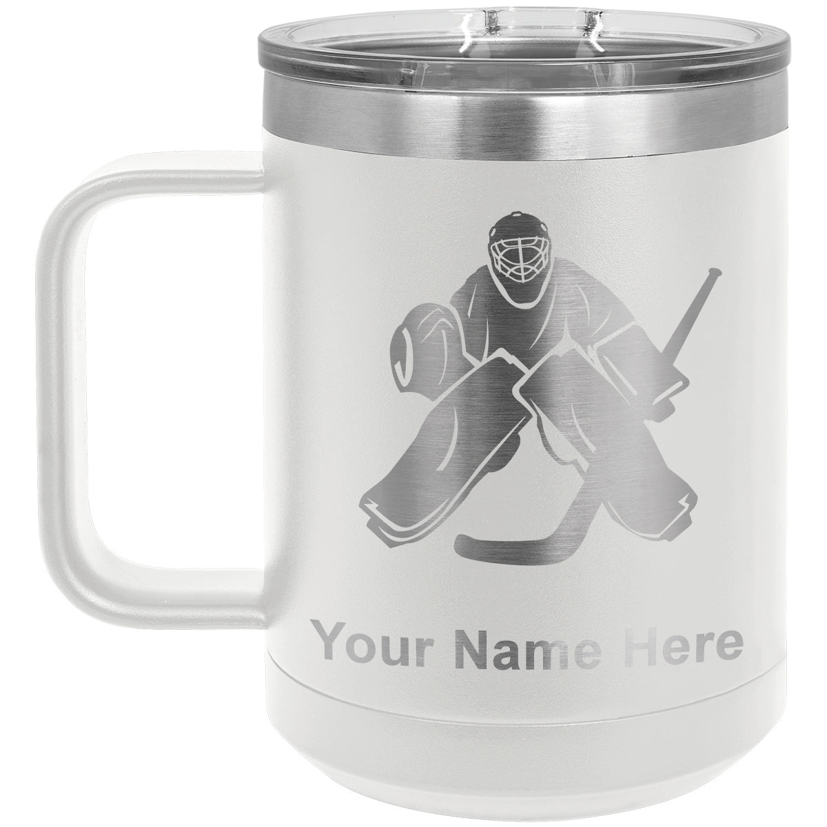 15oz Vacuum Insulated Coffee Mug, Hockey Goalie, Personalized Engraving Included
