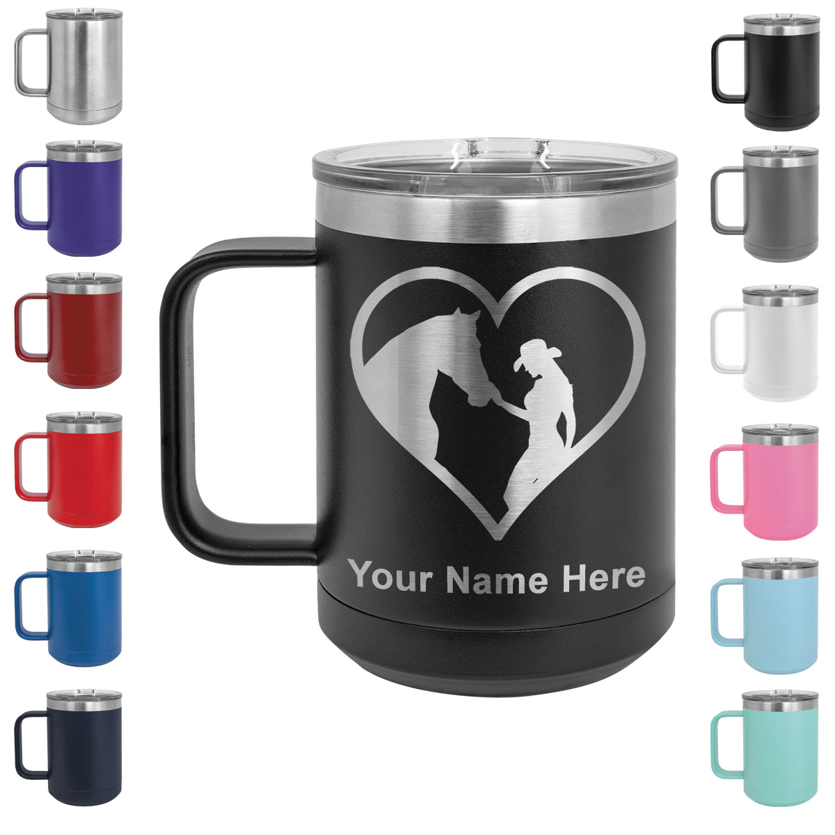 15oz Vacuum Insulated Coffee Mug, Horse Cowgirl Heart, Personalized Engraving Included