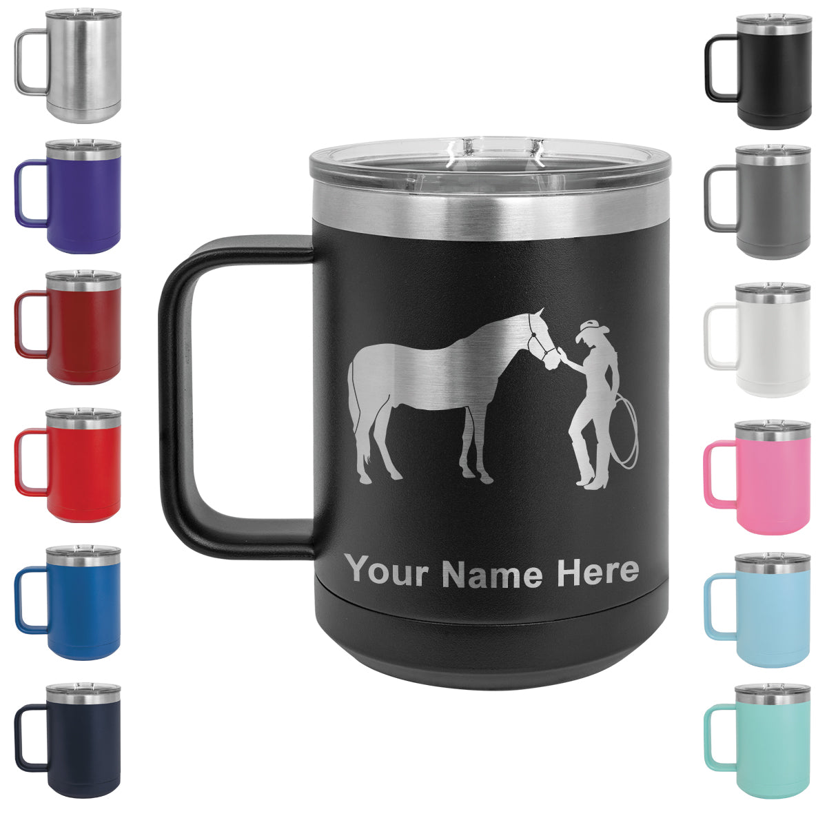 15oz Vacuum Insulated Coffee Mug, Horse and Cowgirl, Personalized Engraving Included