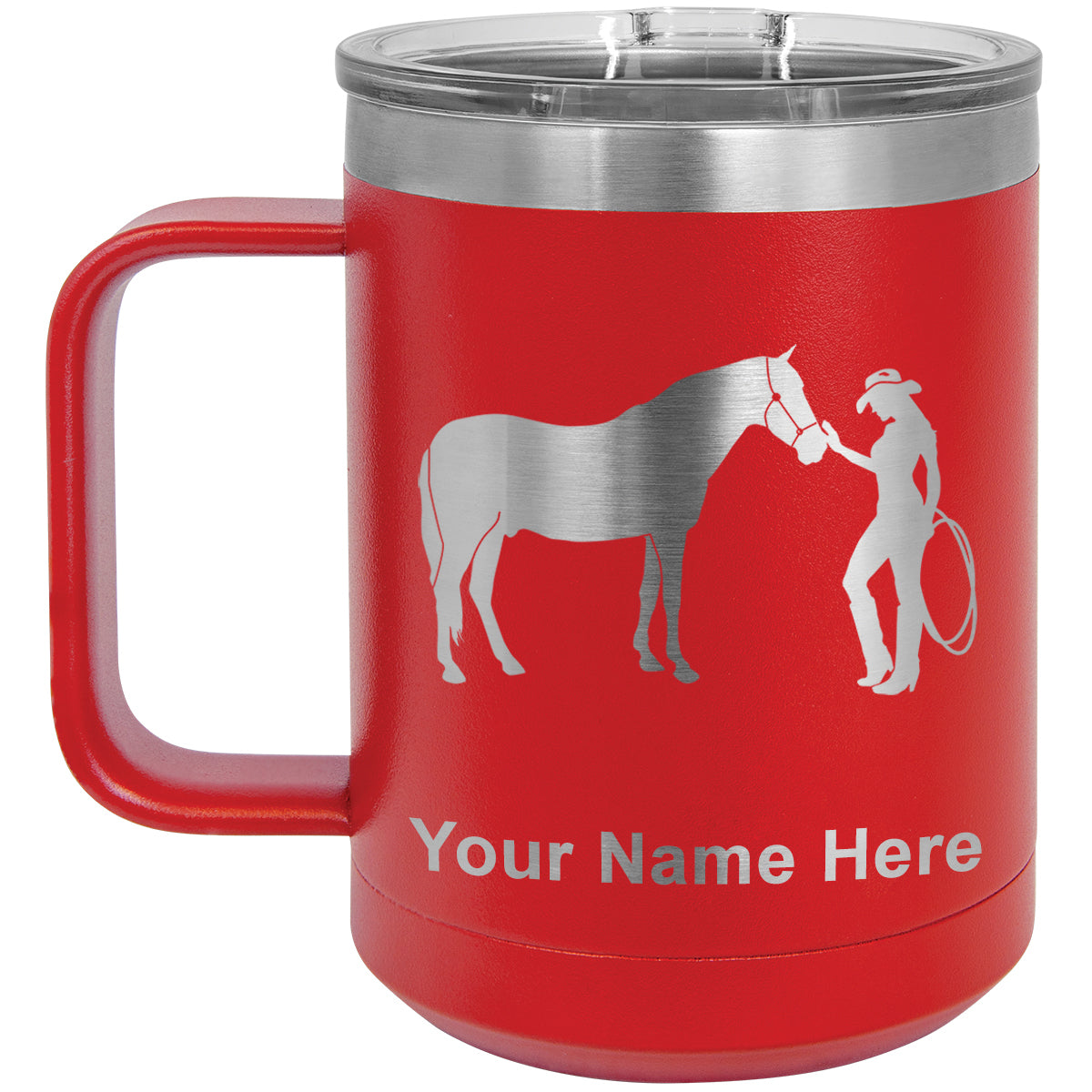 15oz Vacuum Insulated Coffee Mug, Horse and Cowgirl, Personalized Engraving Included