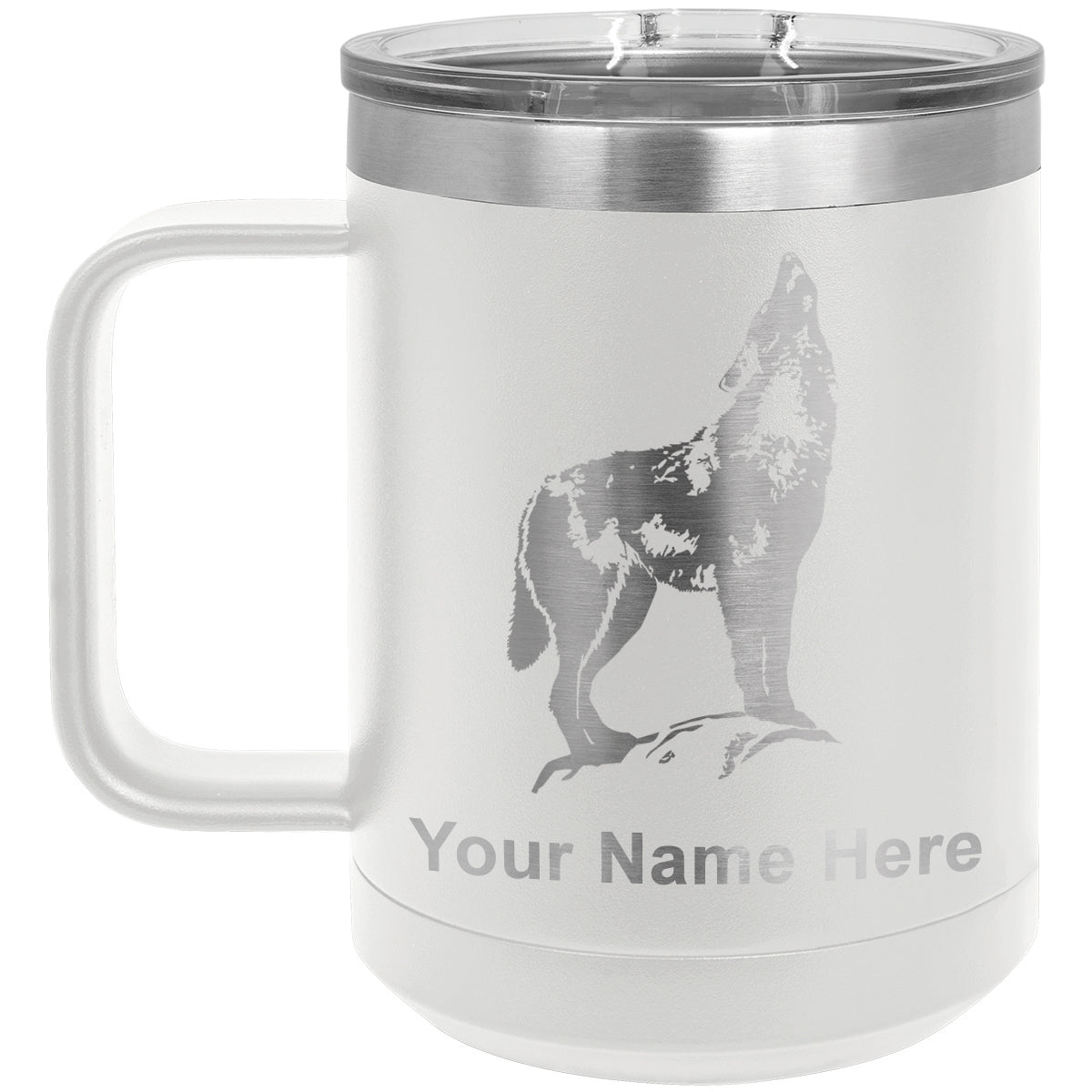 15oz Vacuum Insulated Coffee Mug, Howling Wolf, Personalized Engraving Included