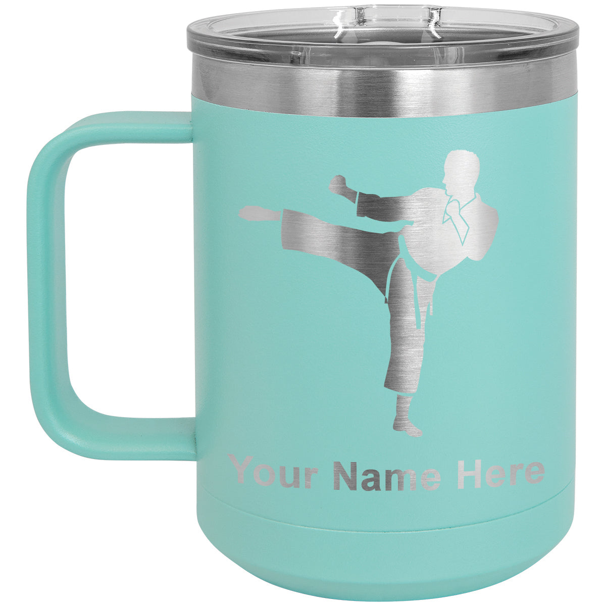 15oz Vacuum Insulated Coffee Mug, Karate Man, Personalized Engraving Included