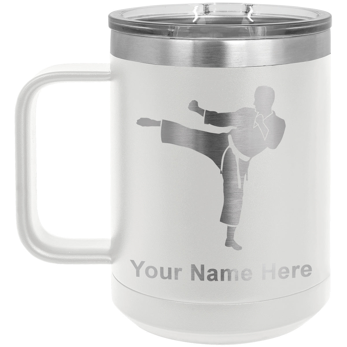 15oz Vacuum Insulated Coffee Mug, Karate Man, Personalized Engraving Included