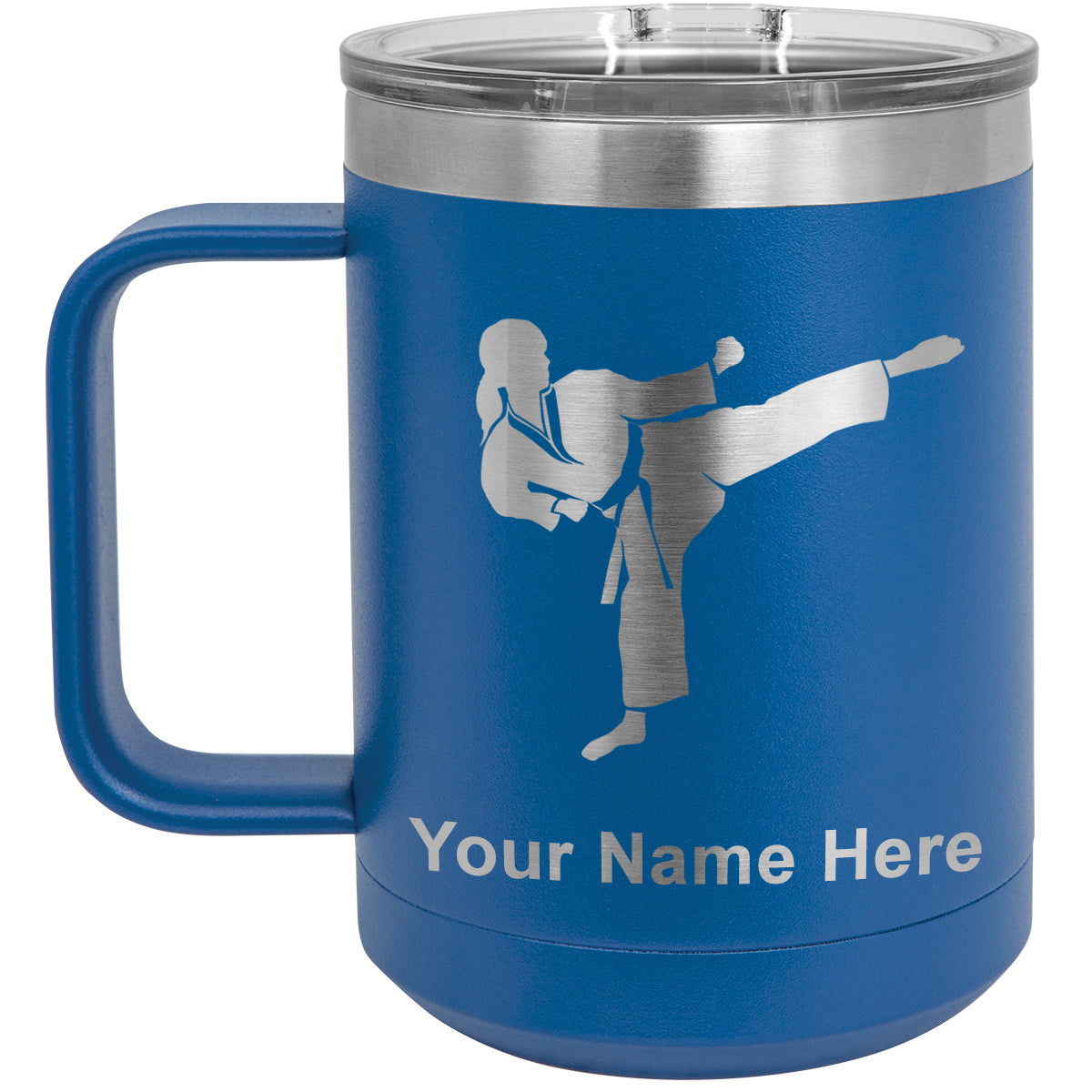 15oz Vacuum Insulated Coffee Mug, Karate Woman, Personalized Engraving Included