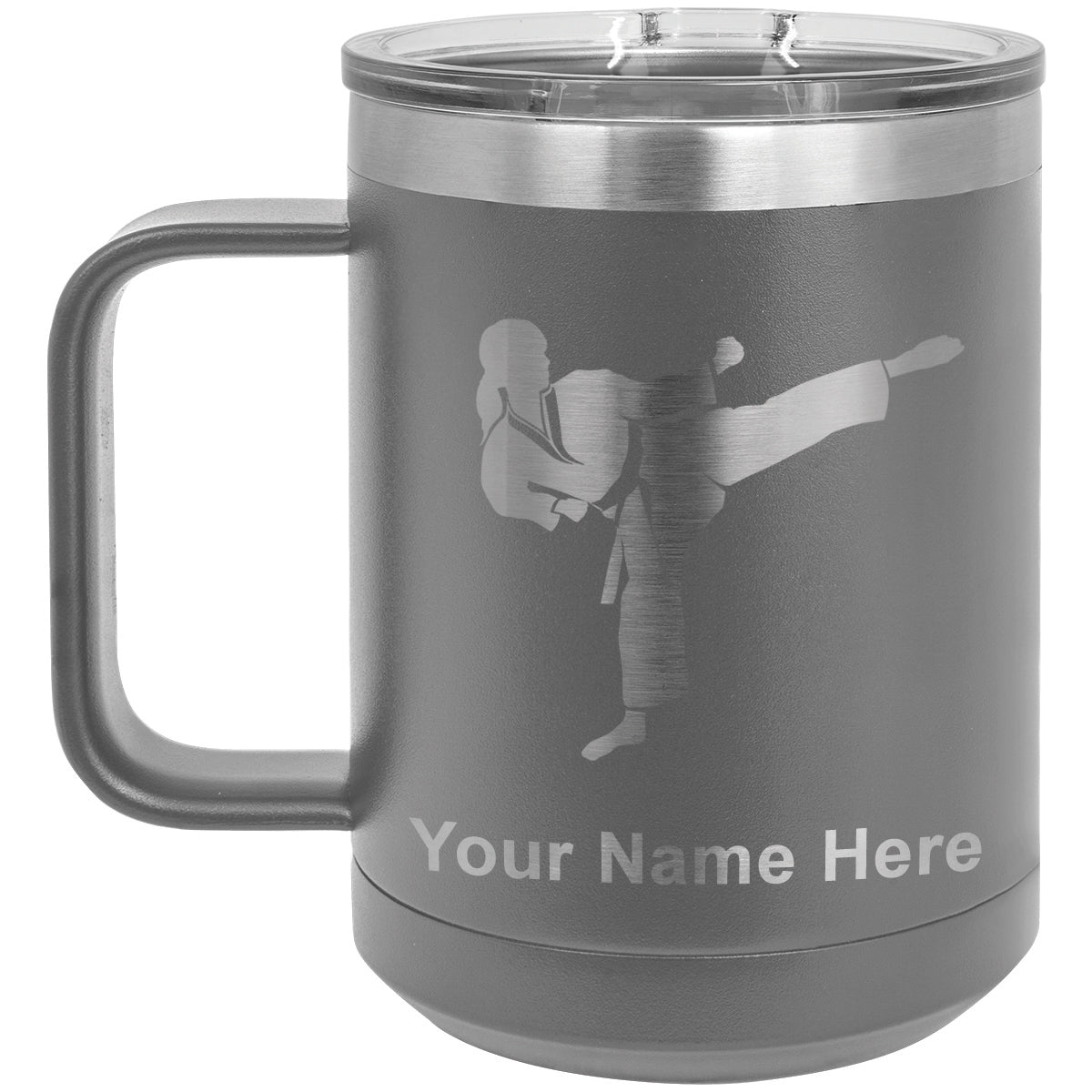 15oz Vacuum Insulated Coffee Mug, Karate Woman, Personalized Engraving Included