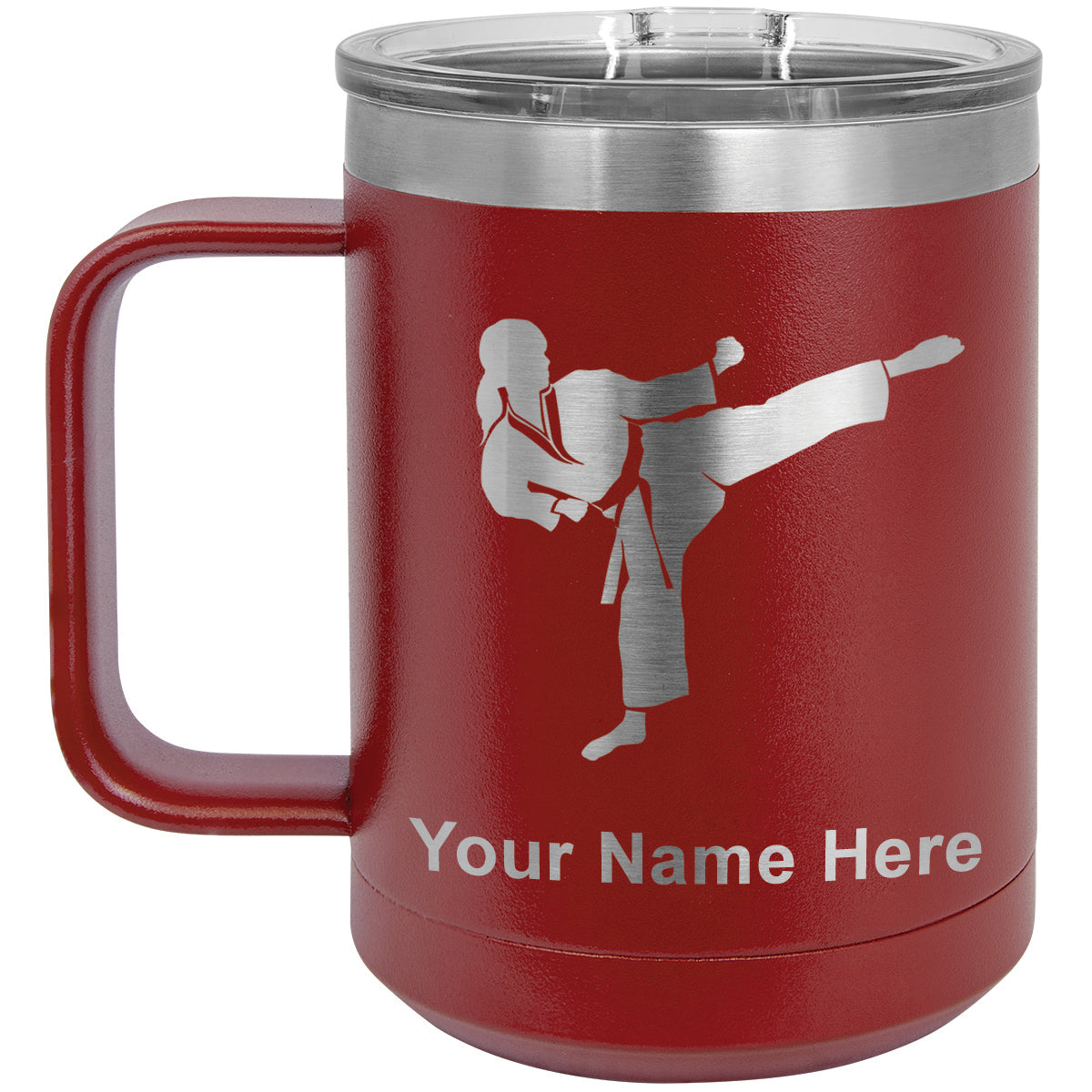 15oz Vacuum Insulated Coffee Mug, Karate Woman, Personalized Engraving Included