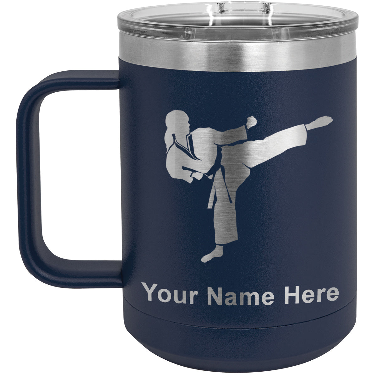 15oz Vacuum Insulated Coffee Mug, Karate Woman, Personalized Engraving Included