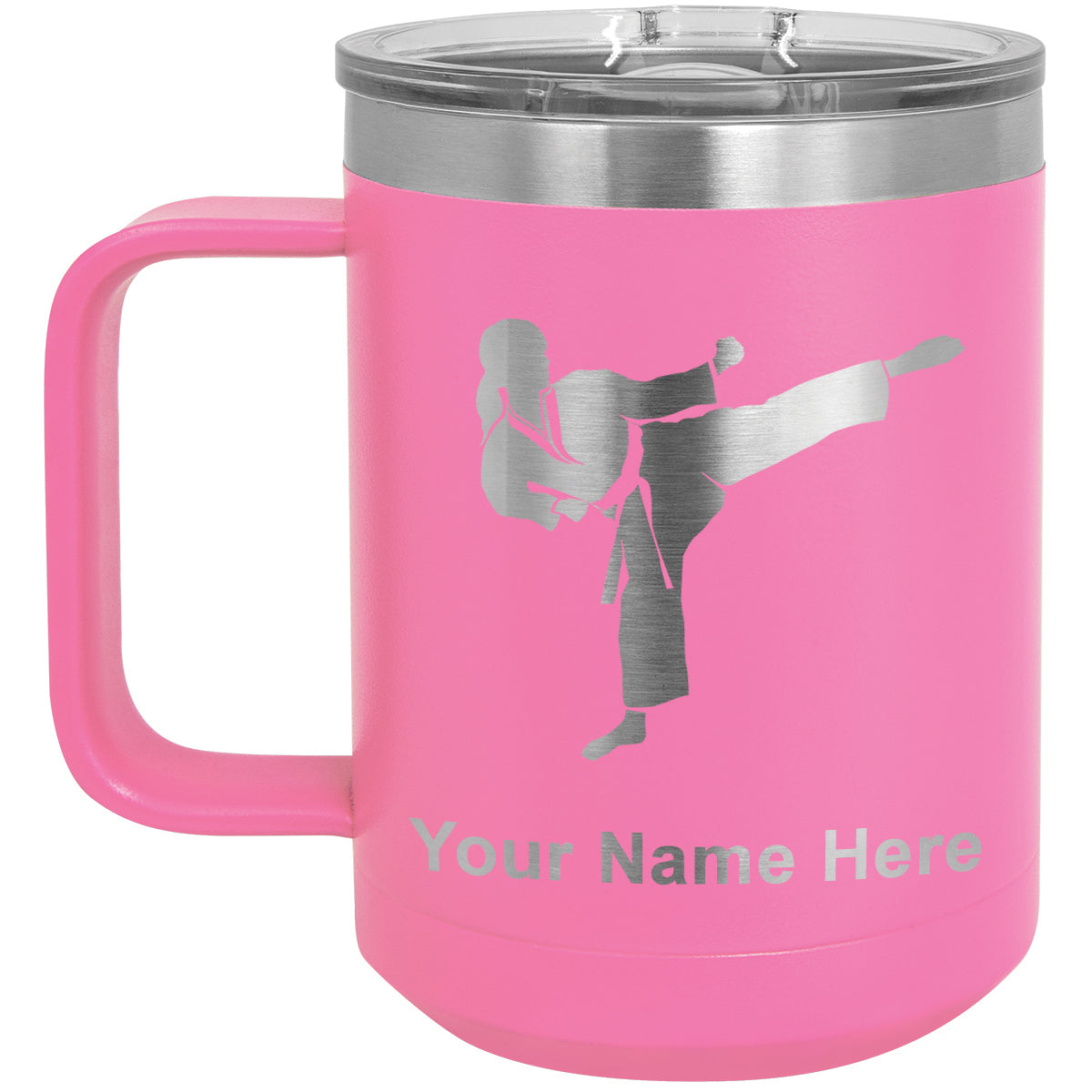 15oz Vacuum Insulated Coffee Mug, Karate Woman, Personalized Engraving Included