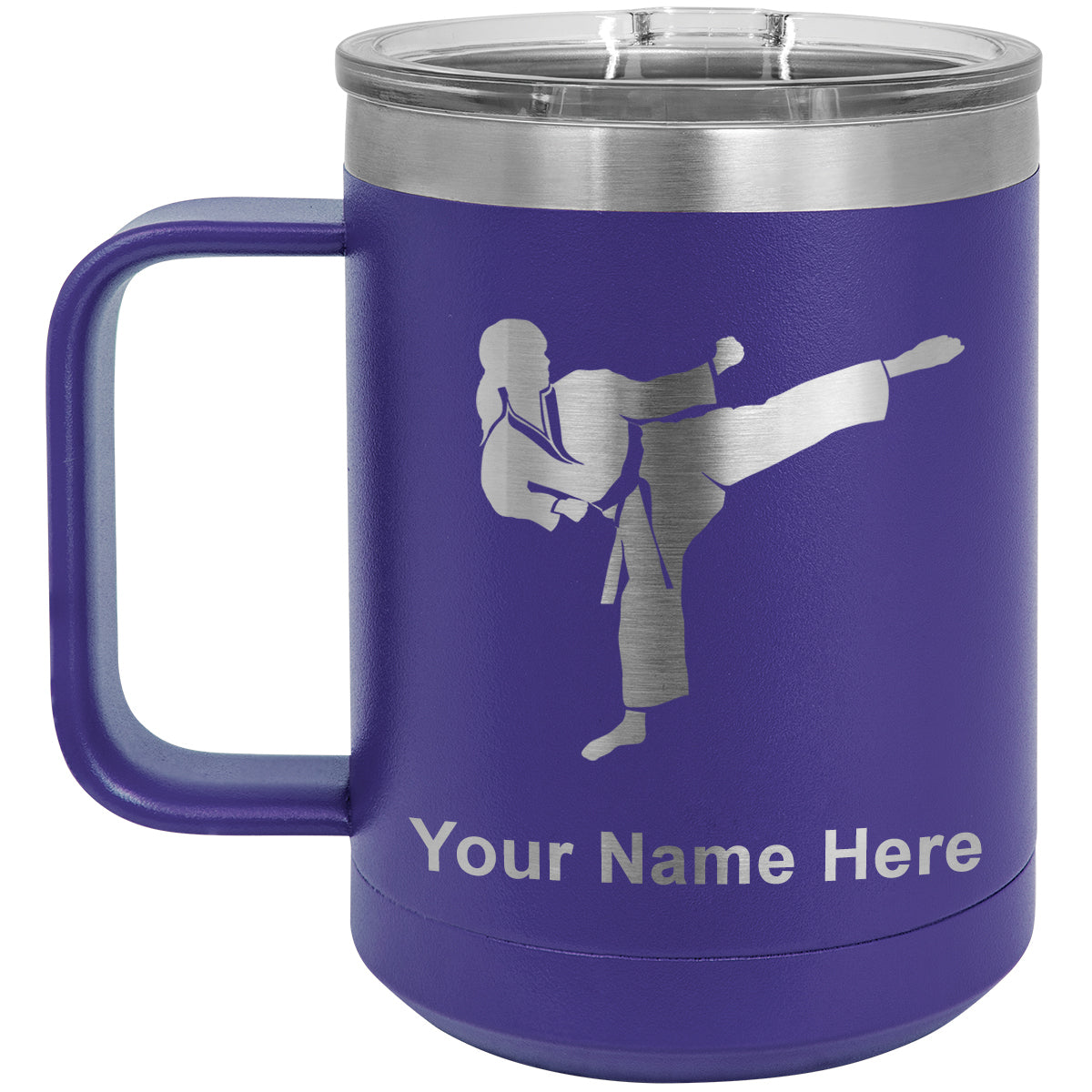 15oz Vacuum Insulated Coffee Mug, Karate Woman, Personalized Engraving Included