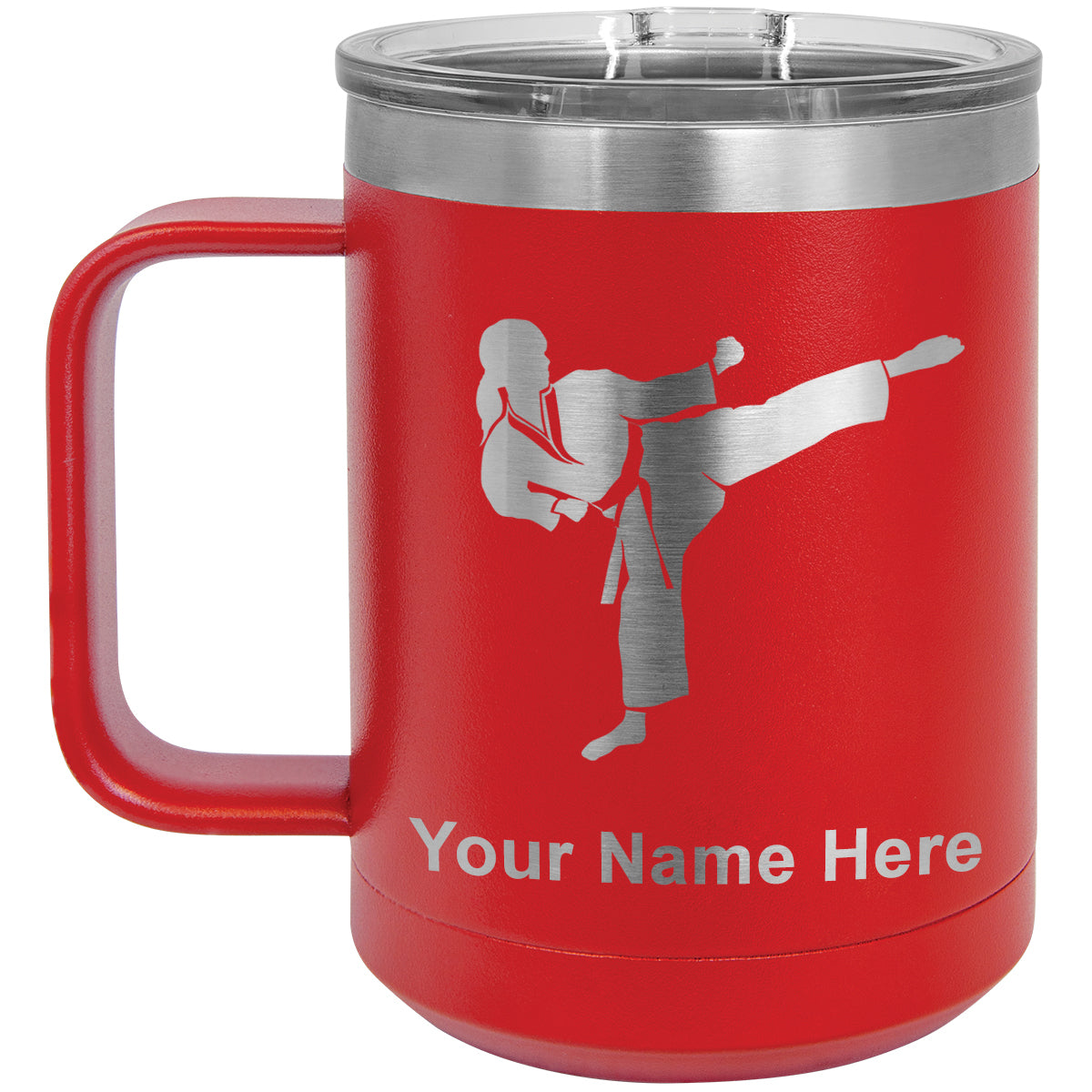 15oz Vacuum Insulated Coffee Mug, Karate Woman, Personalized Engraving Included