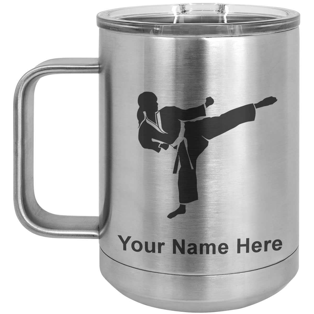 15oz Vacuum Insulated Coffee Mug, Karate Woman, Personalized Engraving Included