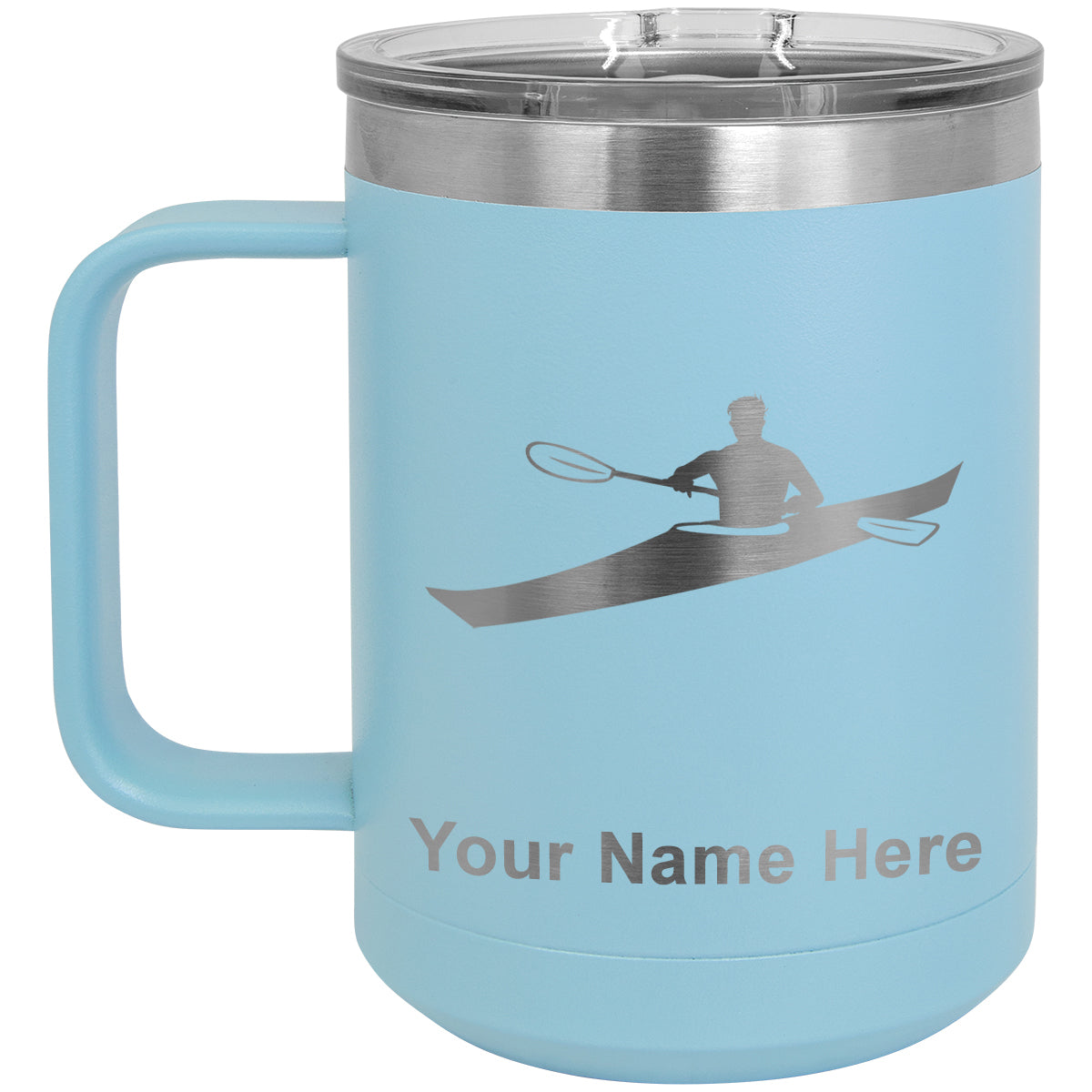 15oz Vacuum Insulated Coffee Mug, Kayak Man, Personalized Engraving Included