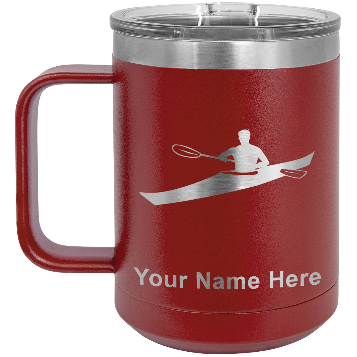 15oz Vacuum Insulated Coffee Mug, Kayak Man, Personalized Engraving Included