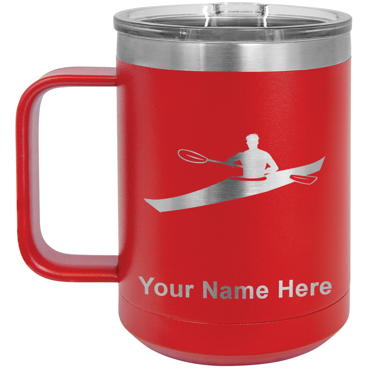 15oz Vacuum Insulated Coffee Mug, Kayak Man, Personalized Engraving Included