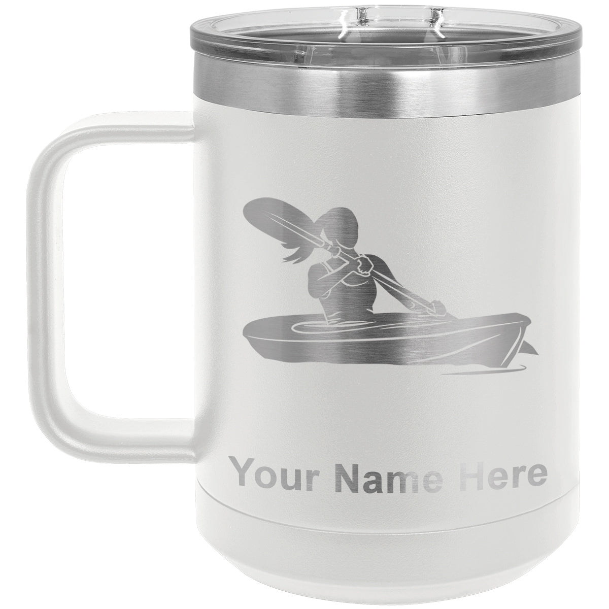 15oz Vacuum Insulated Coffee Mug, Kayak Woman, Personalized Engraving Included
