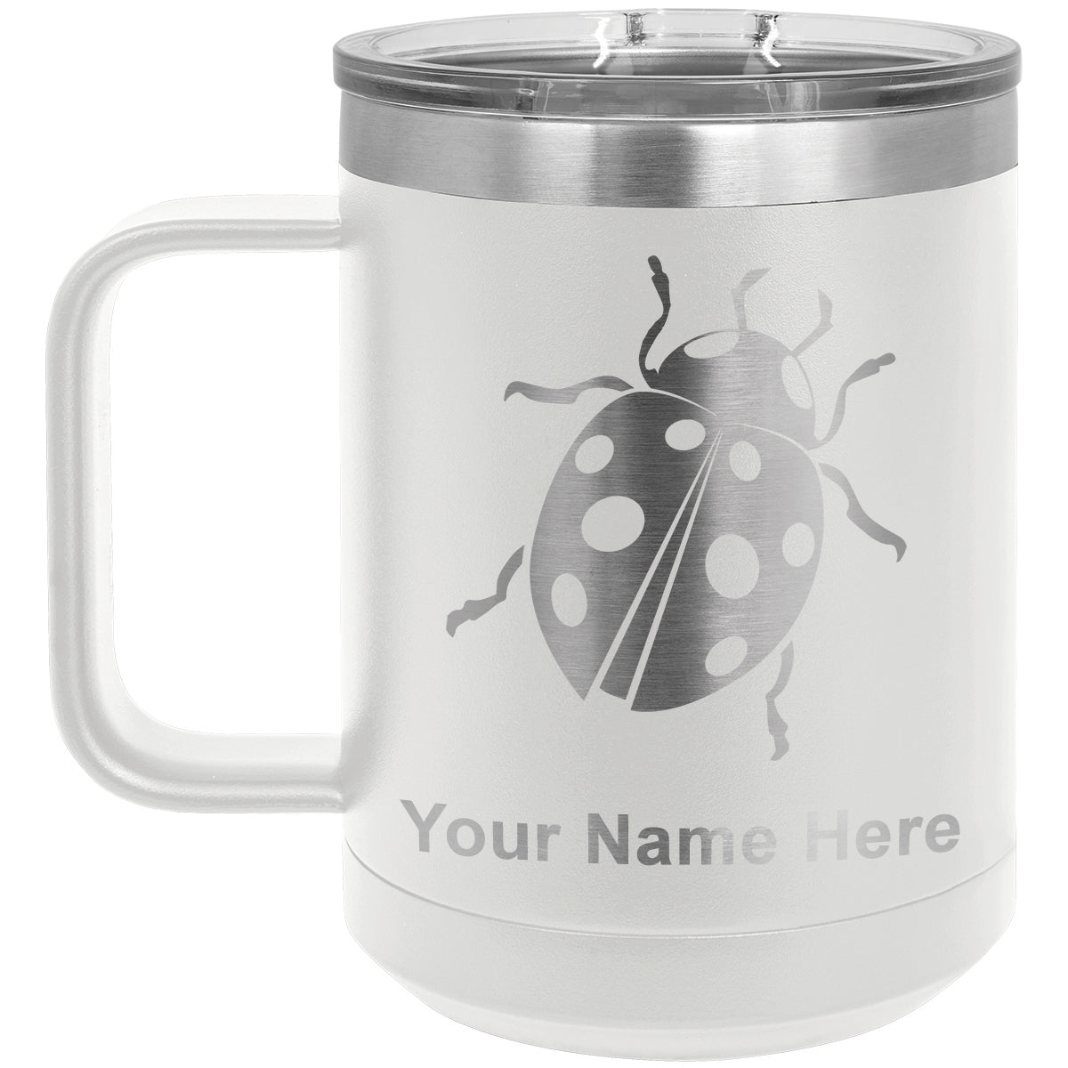 15oz Vacuum Insulated Coffee Mug, Ladybug, Personalized Engraving Included