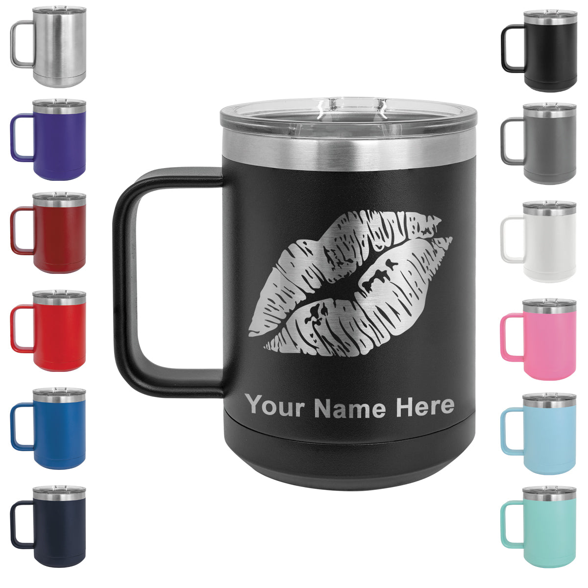 15oz Vacuum Insulated Coffee Mug, Lipstick Kiss, Personalized Engraving Included