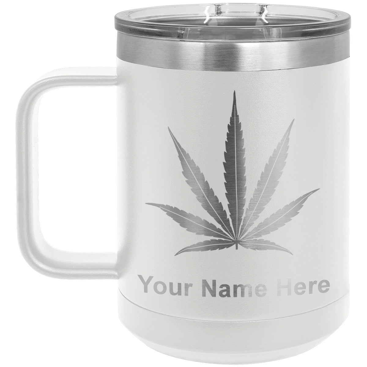 15oz Vacuum Insulated Coffee Mug, Marijuana leaf, Personalized Engraving Included