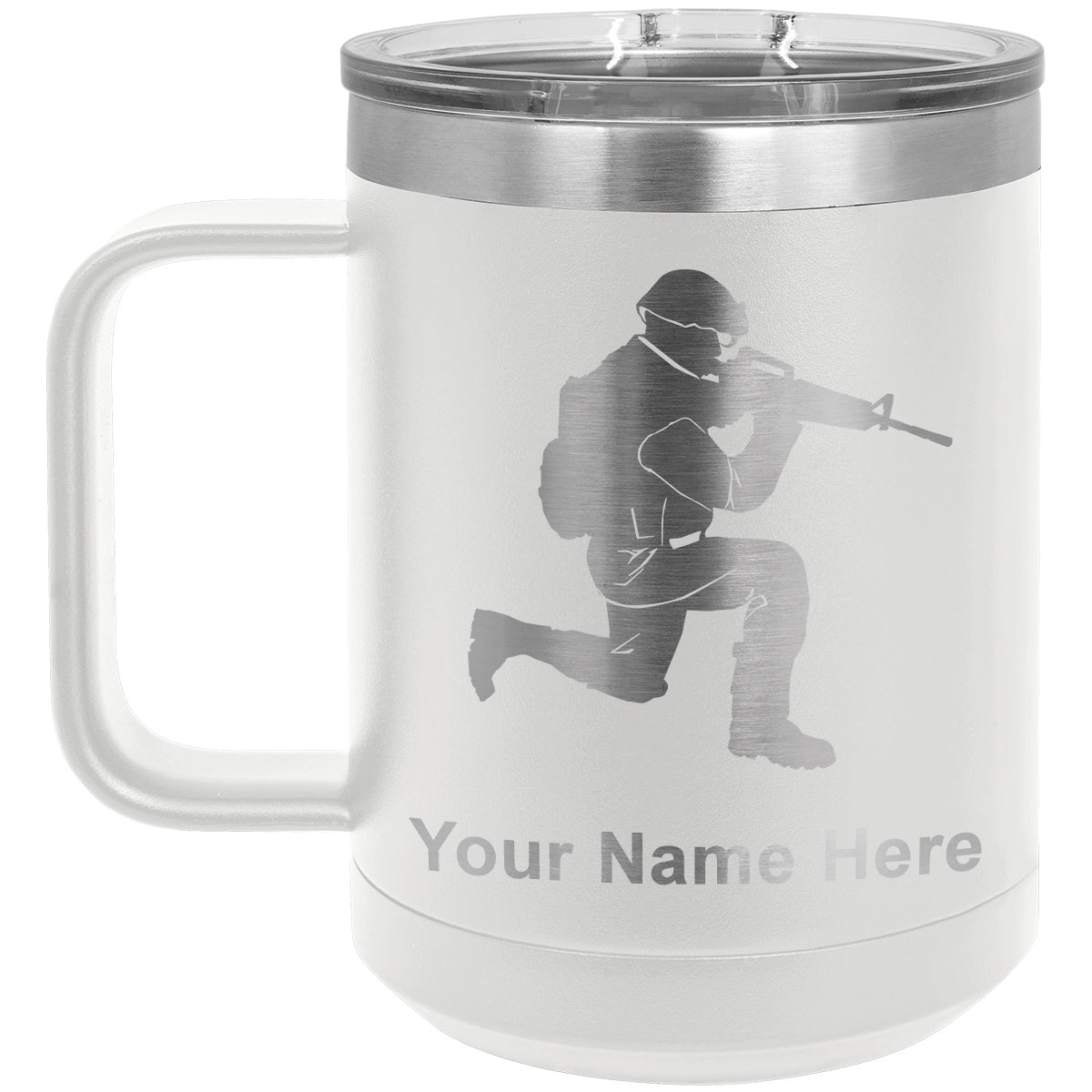 15oz Vacuum Insulated Coffee Mug, Military Soldier, Personalized Engraving Included