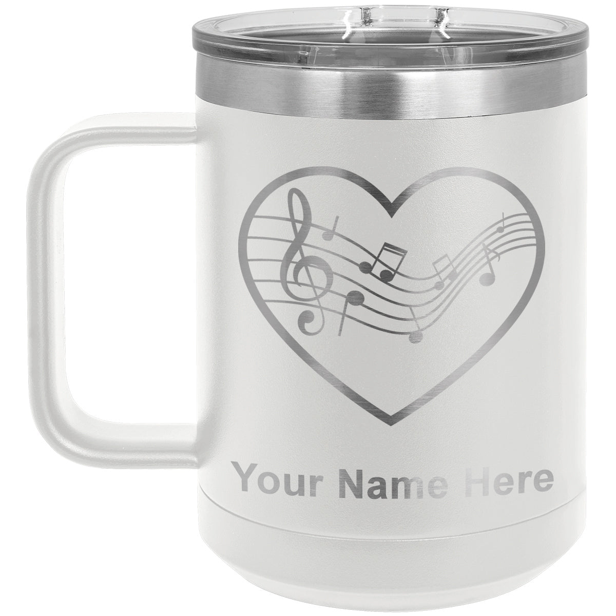 15oz Vacuum Insulated Coffee Mug, Music Staff Heart, Personalized Engraving Included