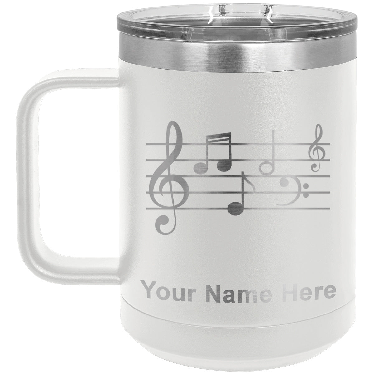 15oz Vacuum Insulated Coffee Mug, Music Staff, Personalized Engraving Included
