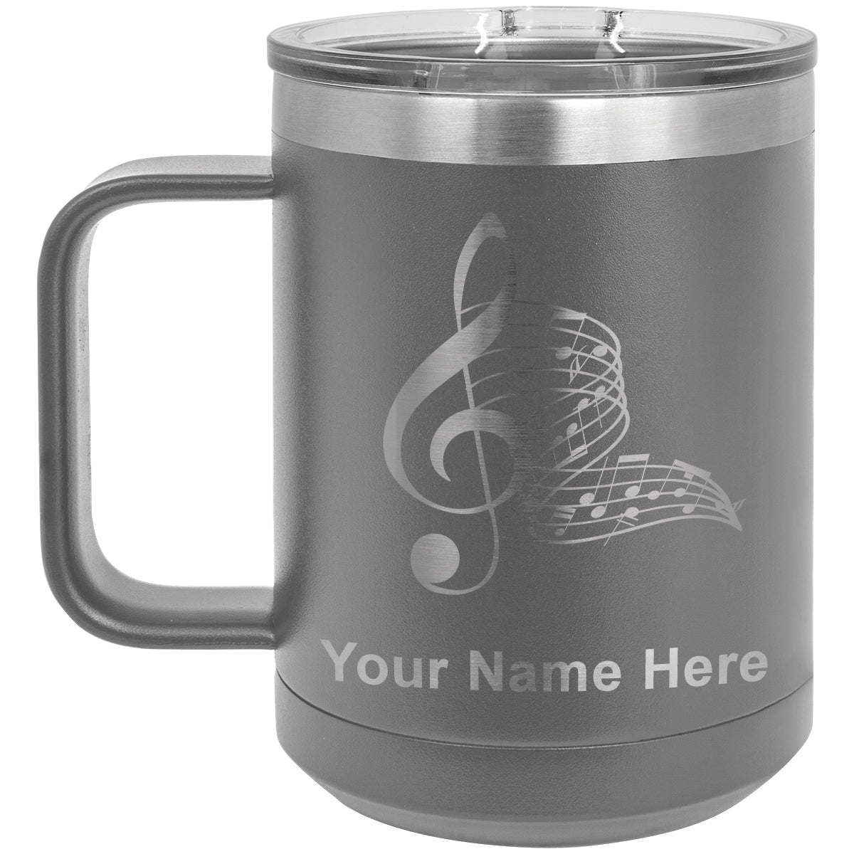 15oz Vacuum Insulated Coffee Mug, Musical Notes, Personalized Engraving Included