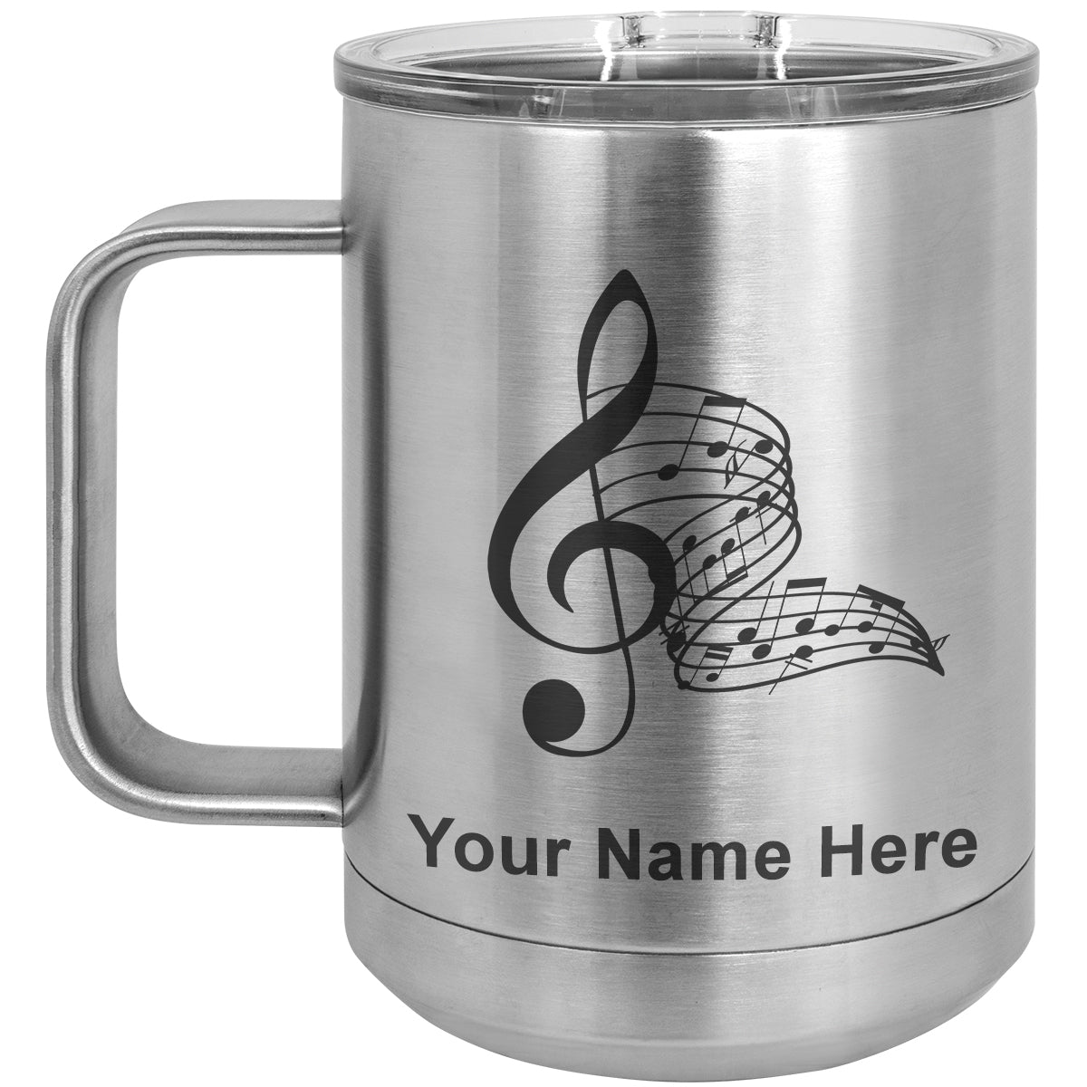 15oz Vacuum Insulated Coffee Mug, Musical Notes, Personalized Engraving Included