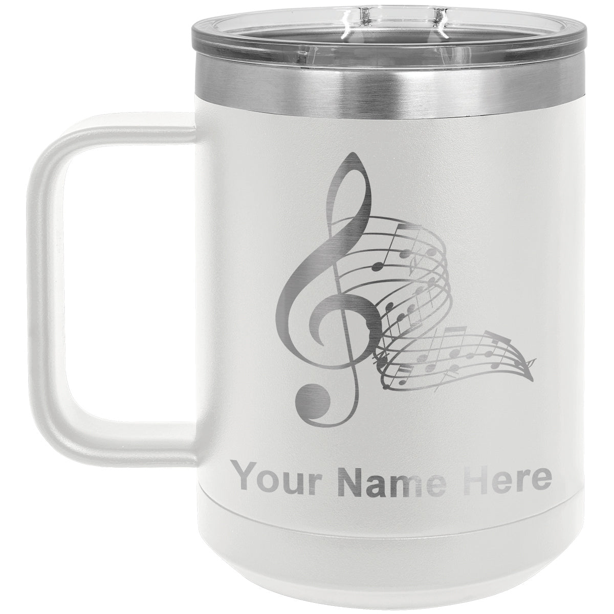 15oz Vacuum Insulated Coffee Mug, Musical Notes, Personalized Engraving Included