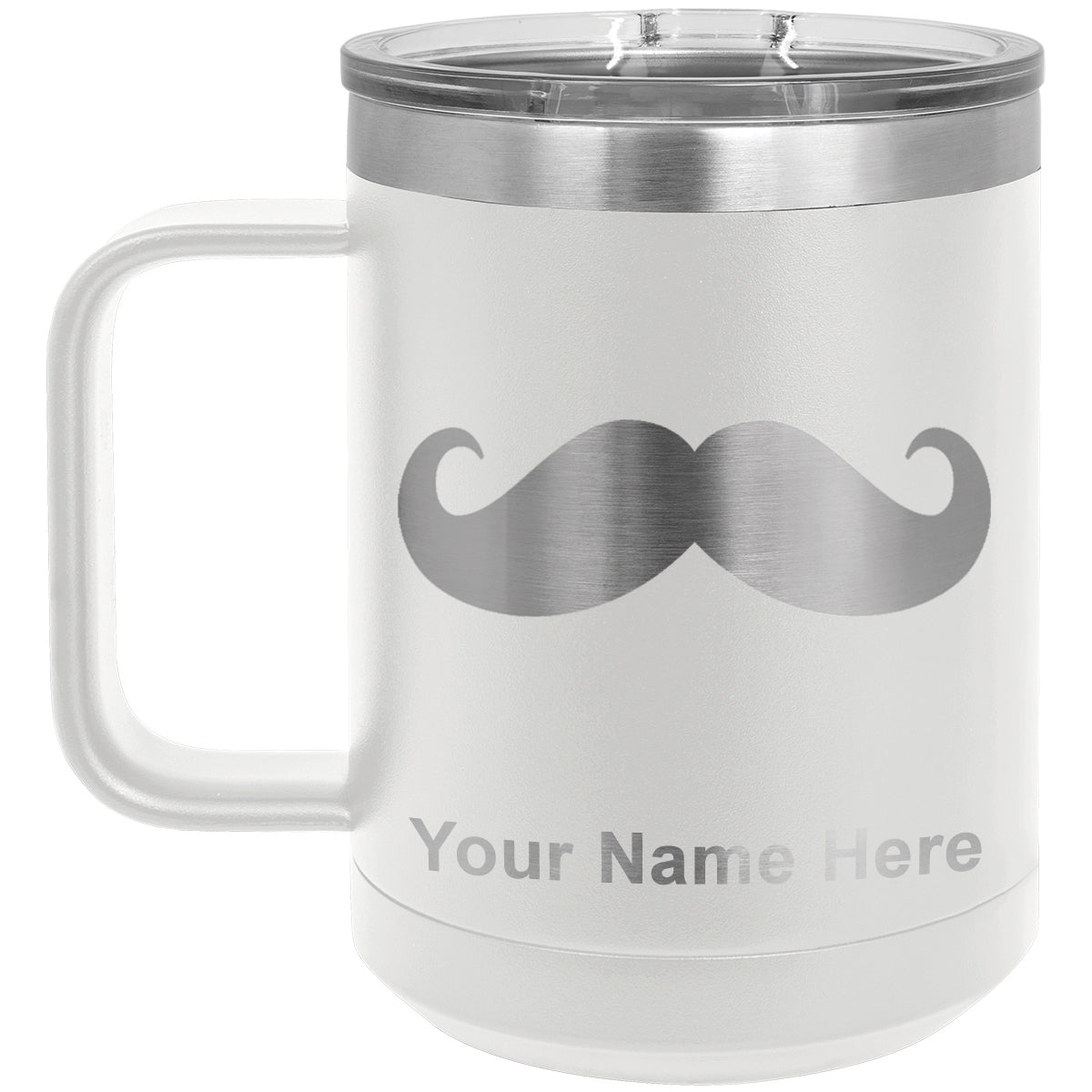 15oz Vacuum Insulated Coffee Mug, Mustache, Personalized Engraving Included