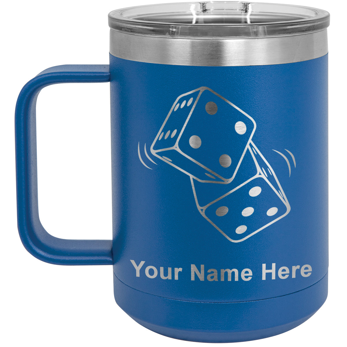 15oz Vacuum Insulated Coffee Mug, Pair of Dice, Personalized Engraving Included